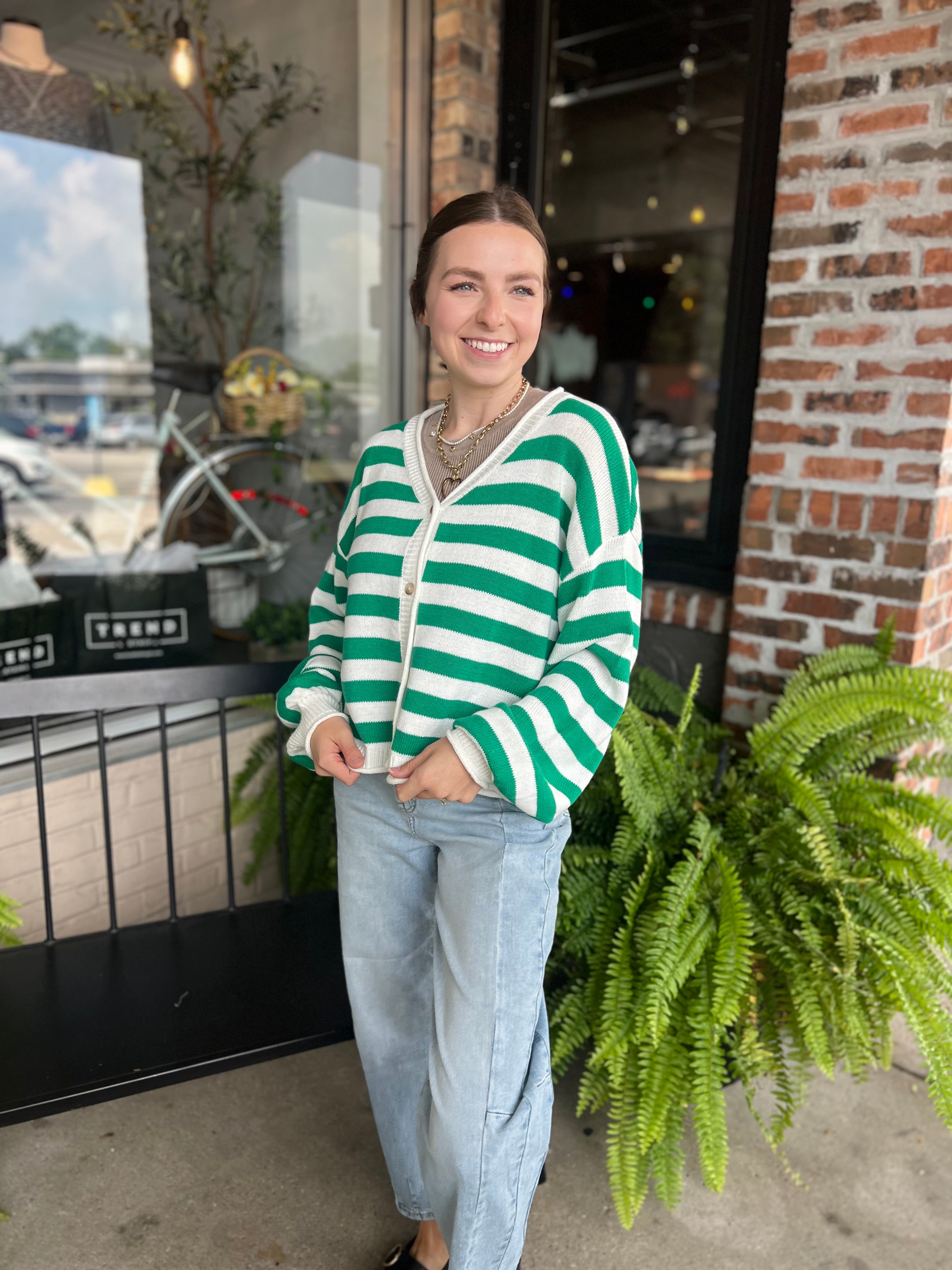 Green Button Front Stripped Sweater