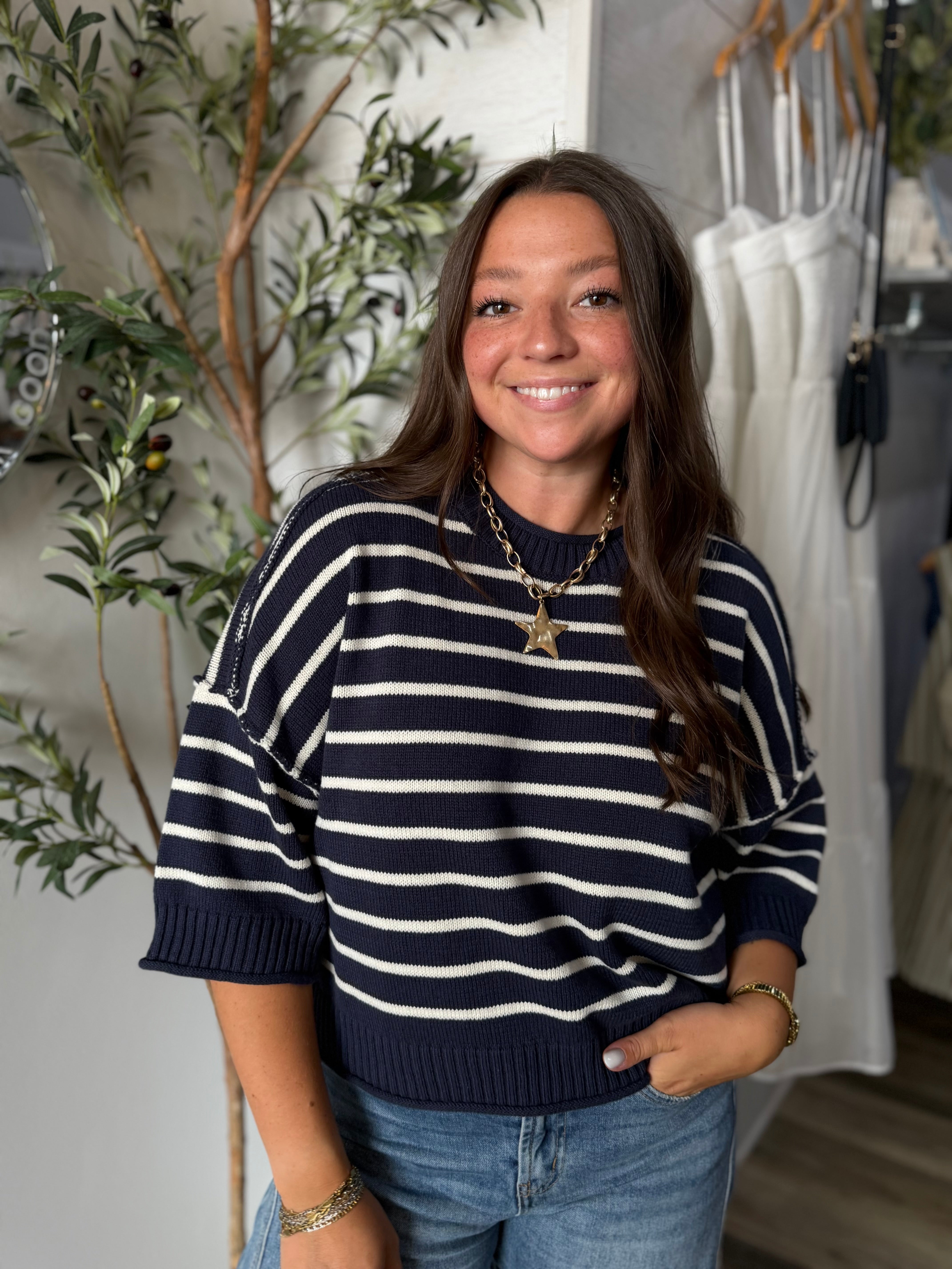 Navy Stripe Short Sleeve Sweater - FINAL SALE
