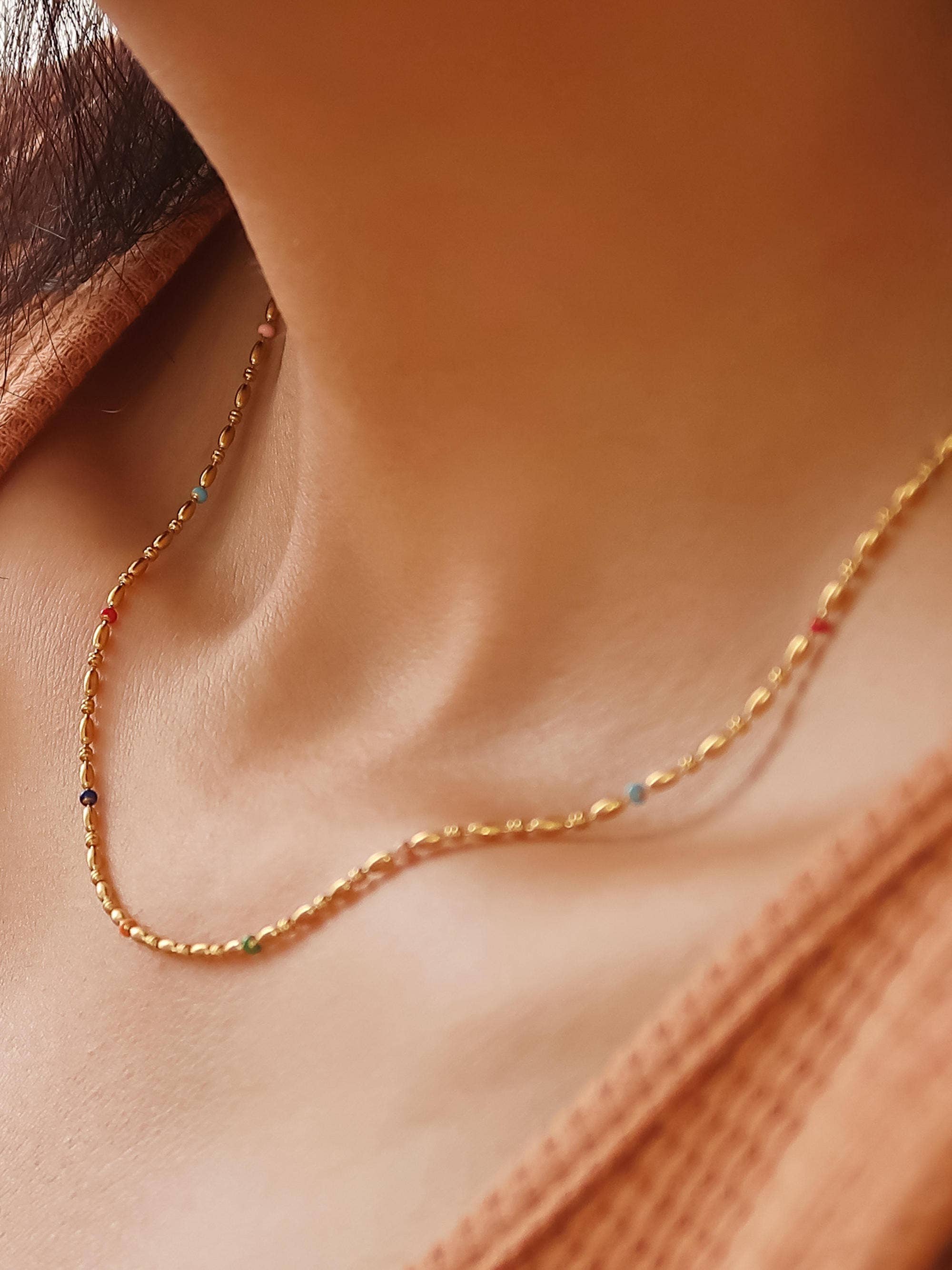 18K Gold Non-Tarnish Petite Beaded Necklace