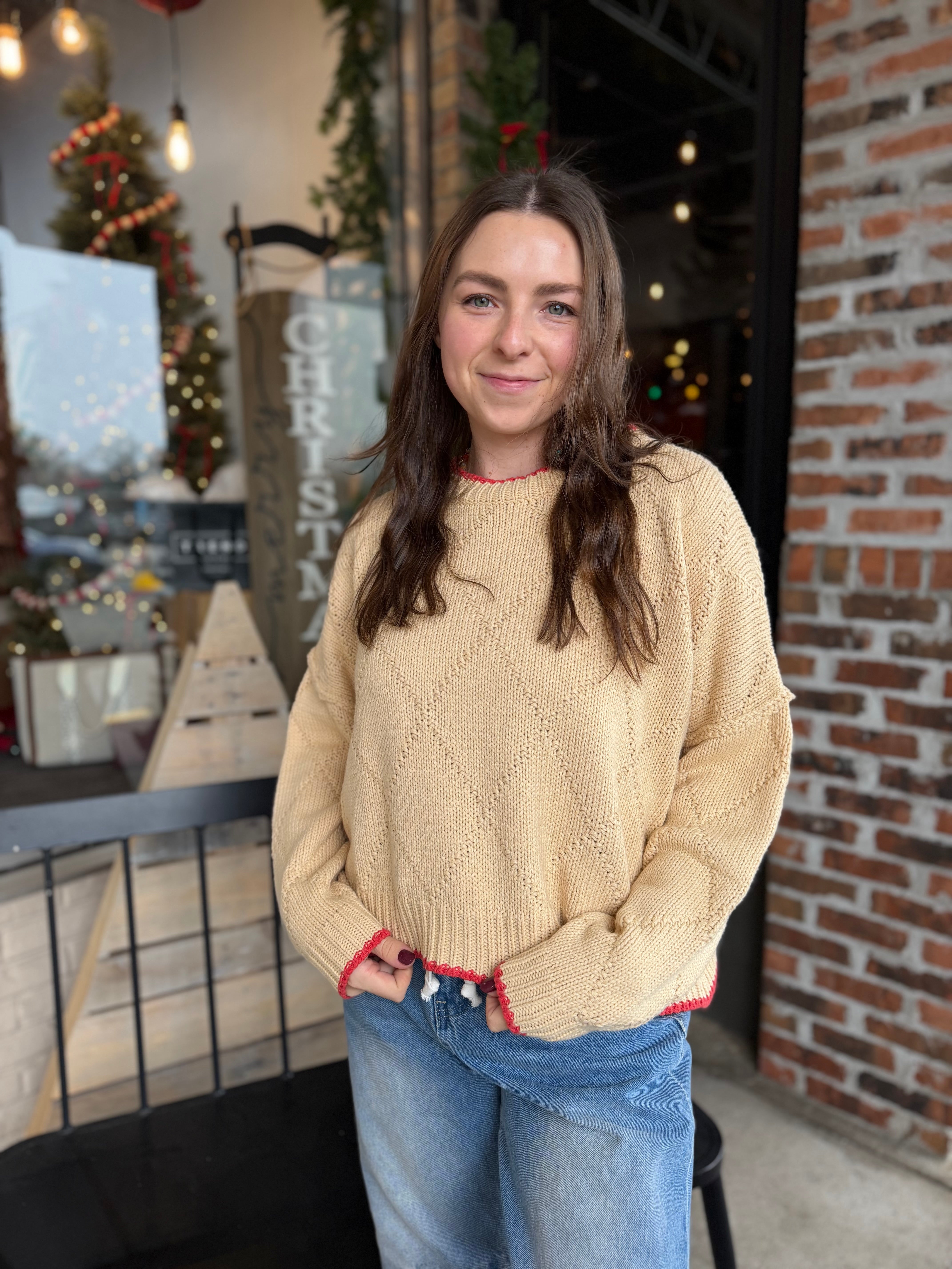 Oat Diamond Knit Pullover Sweater