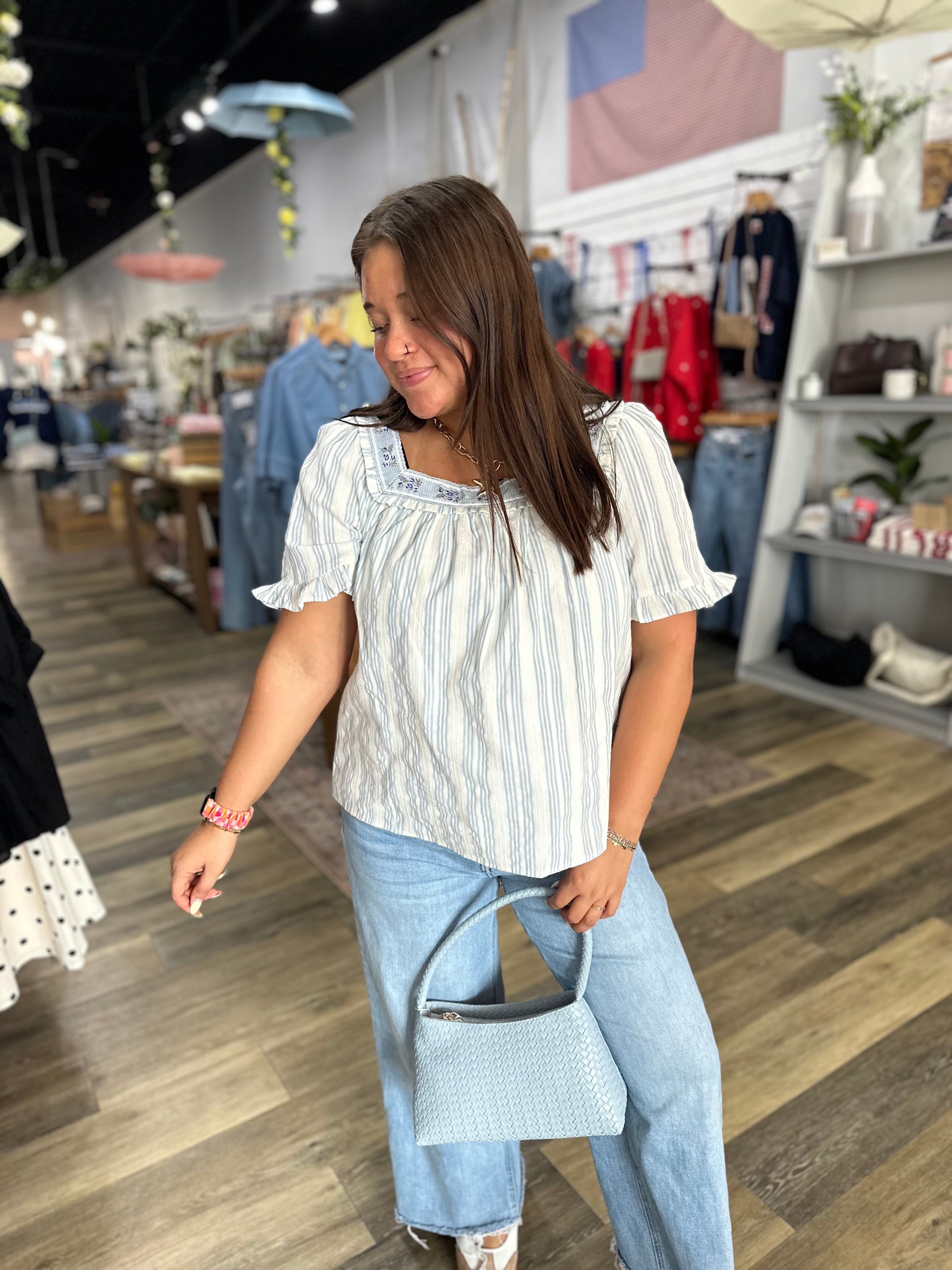 Blue Jacquard Tape Trimmed Striped Eyelet Top