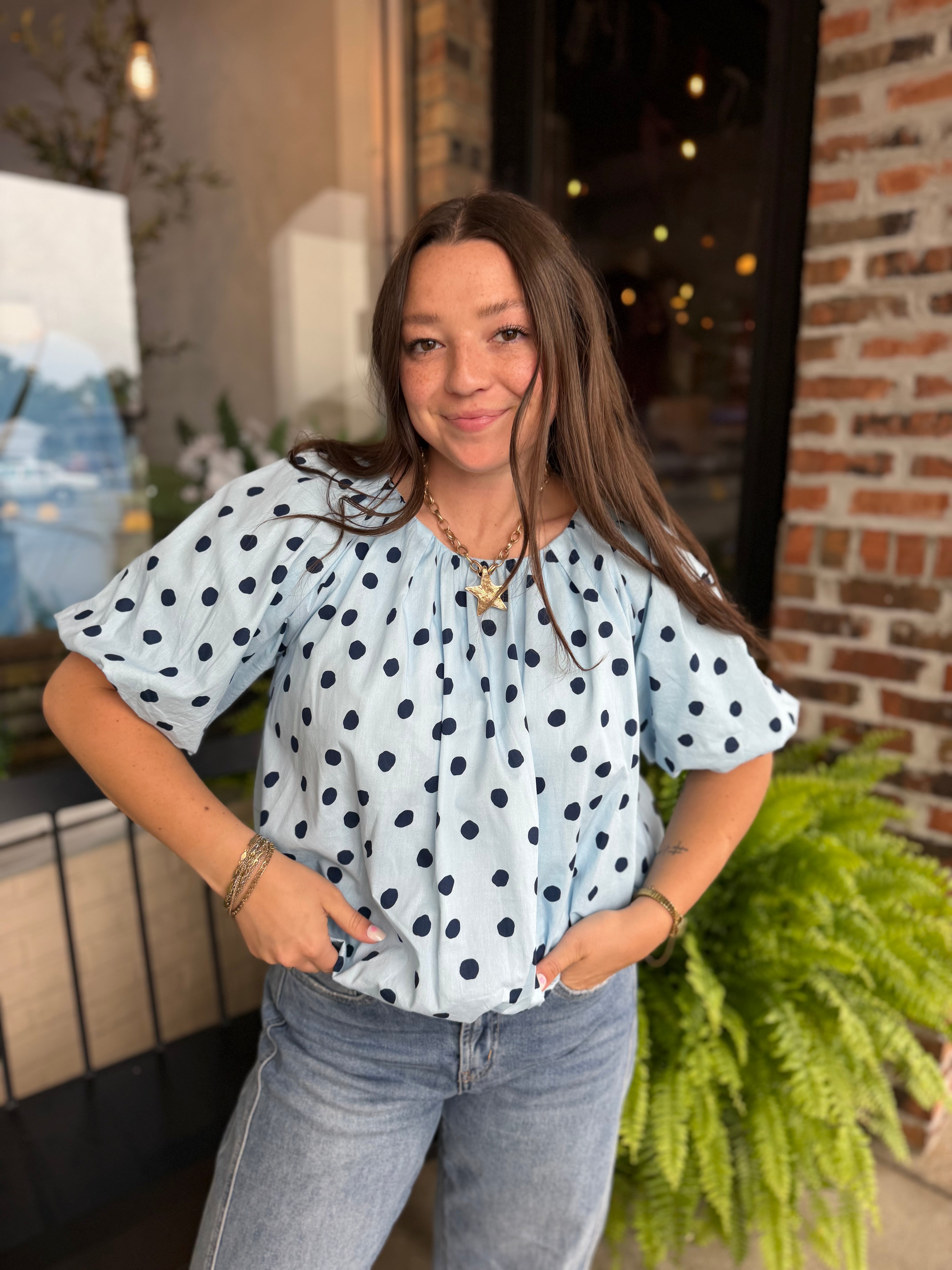 Navy Polka Dot Bubble Top