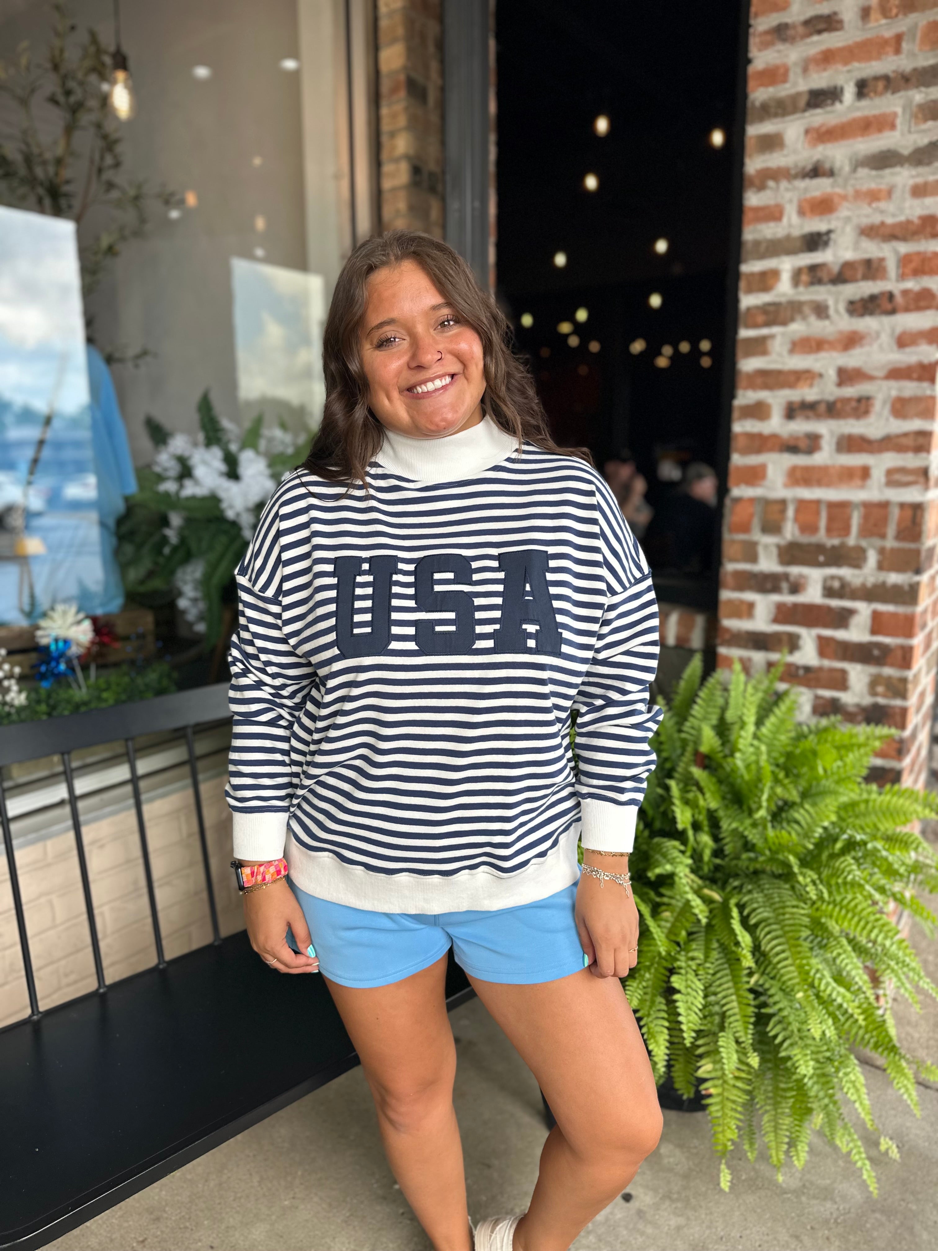 USA Navy Stripe Mock Neck Sweatshirt
