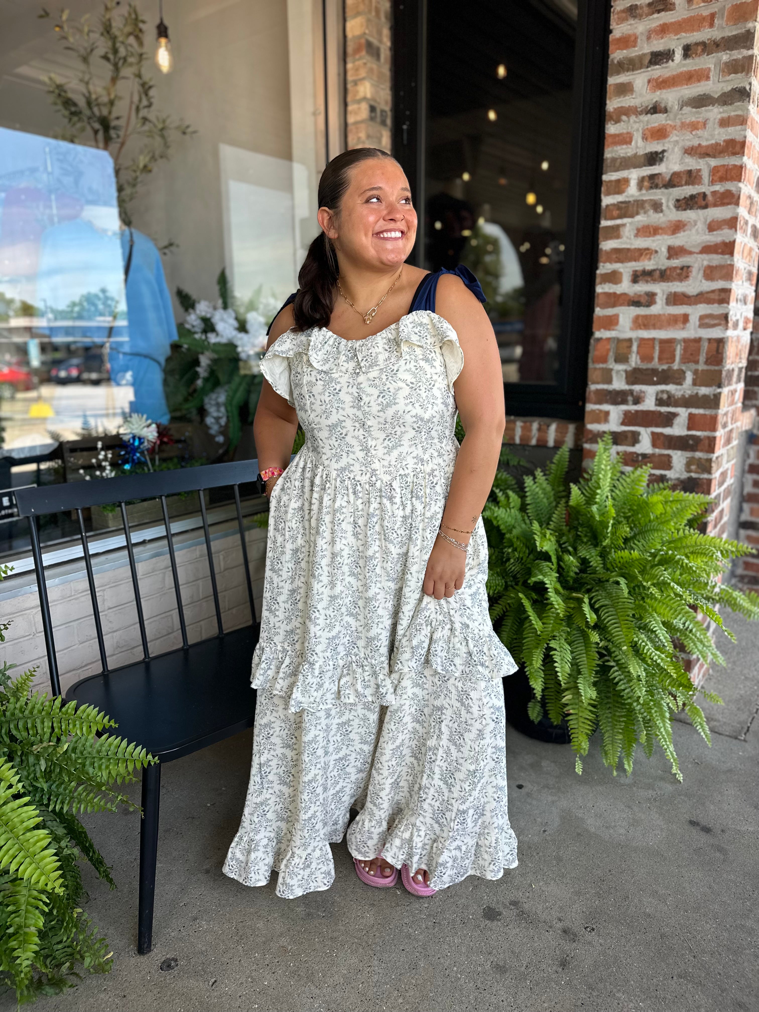Indigo Ruffle Detailed Ribbon Strap Maxi Dress