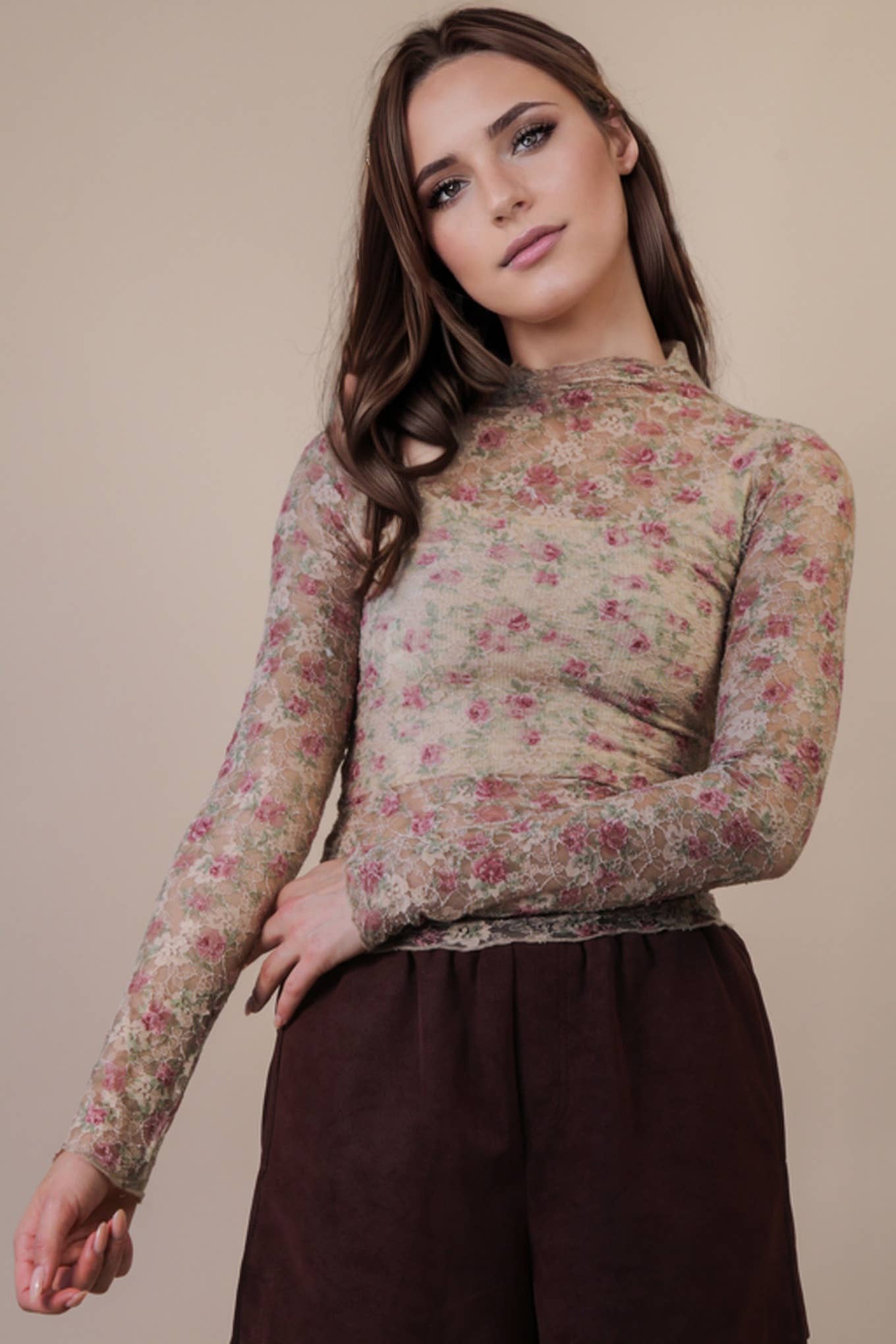 Beige Floral Sheer Mesh Lace Knit Top - FINAL SALE