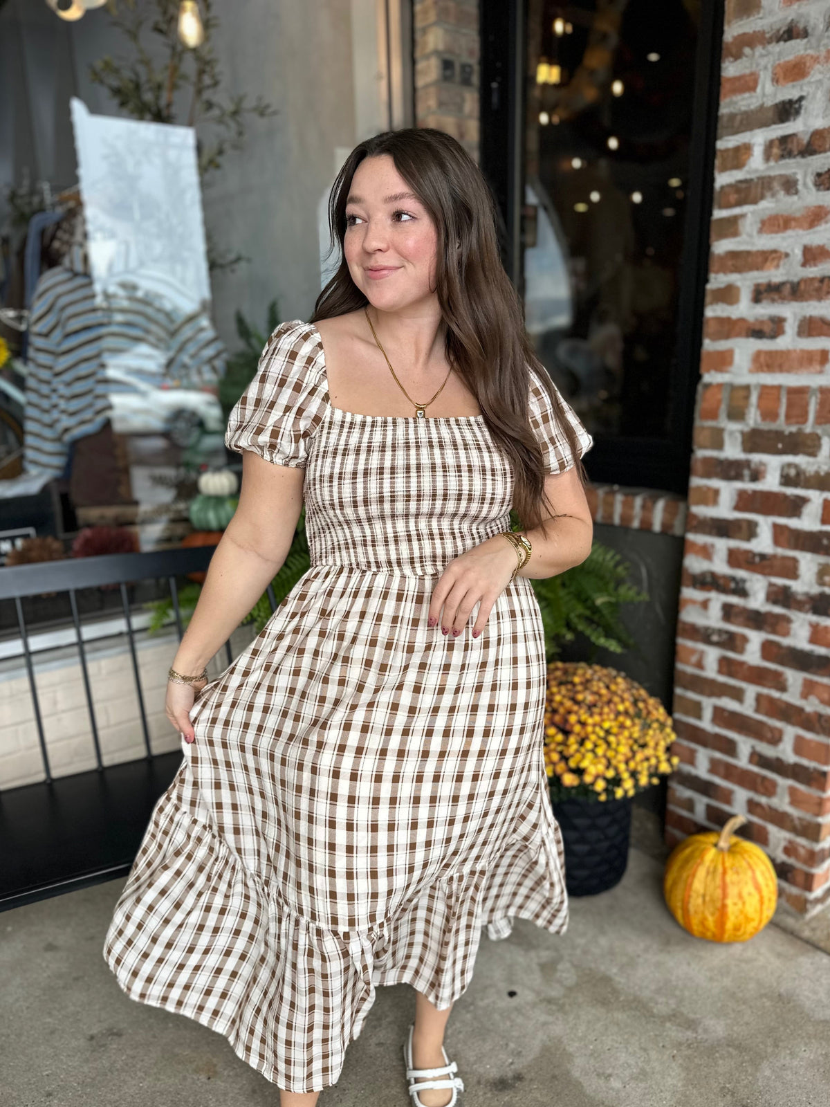 Cream Plaid Midi Dress