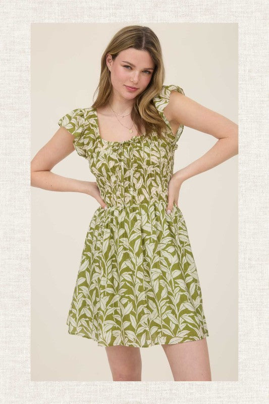 Green Leaf Print Mini Dress - FINAL SALE