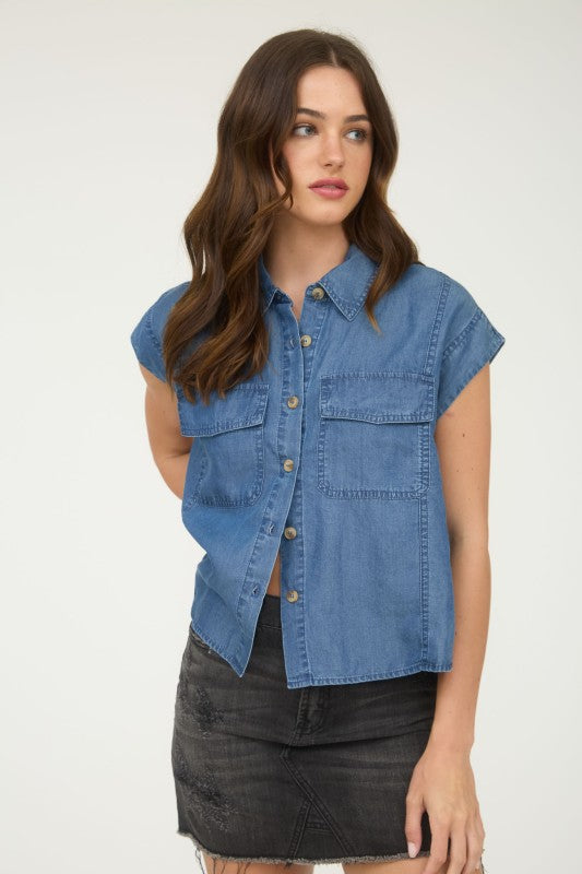 Chambray Collared Button Down Top - FINAL SALE