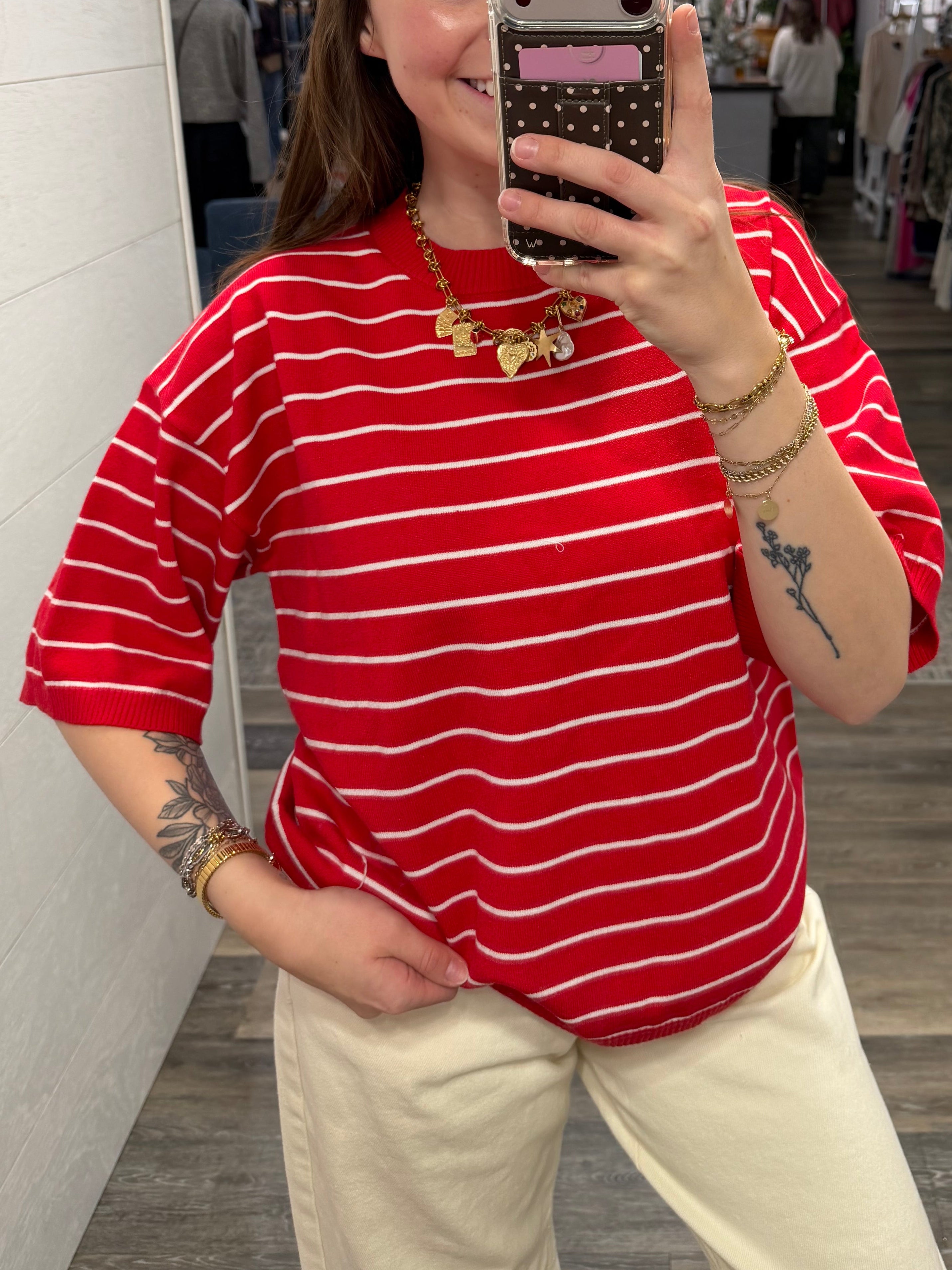 Red Striped Knit Short Sleeve Top
