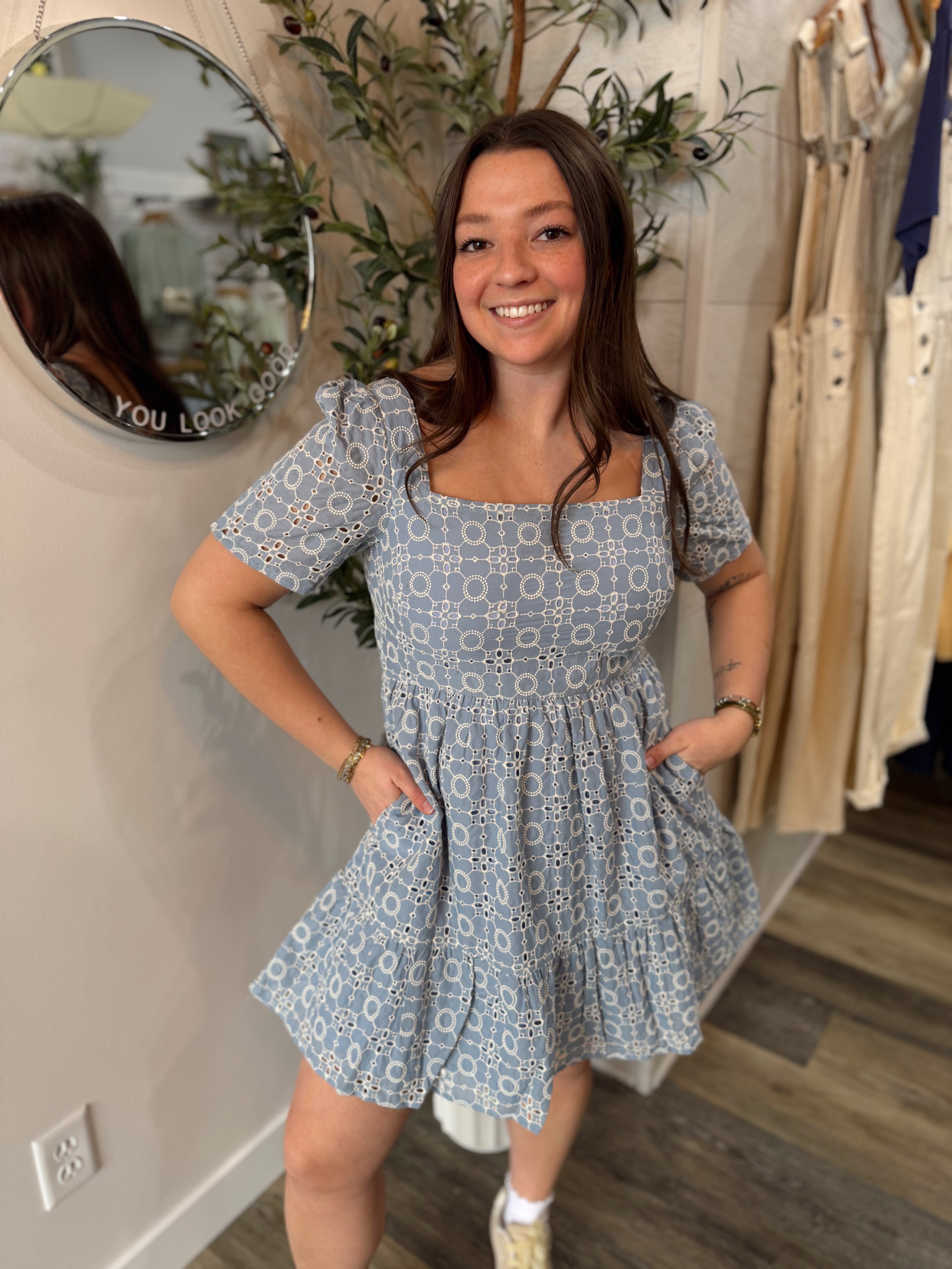 Blue Embroidered Mini Dress