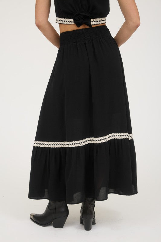 Black Lace Trim Midi Skirt