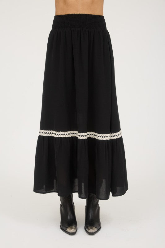 Black Lace Trim Midi Skirt