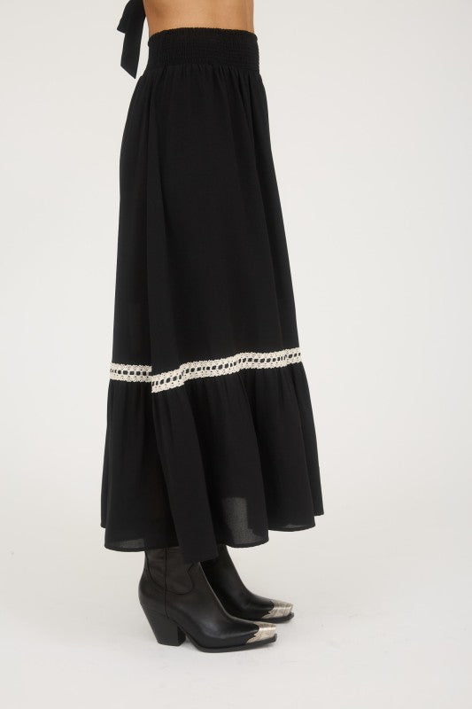 Black Lace Trim Midi Skirt