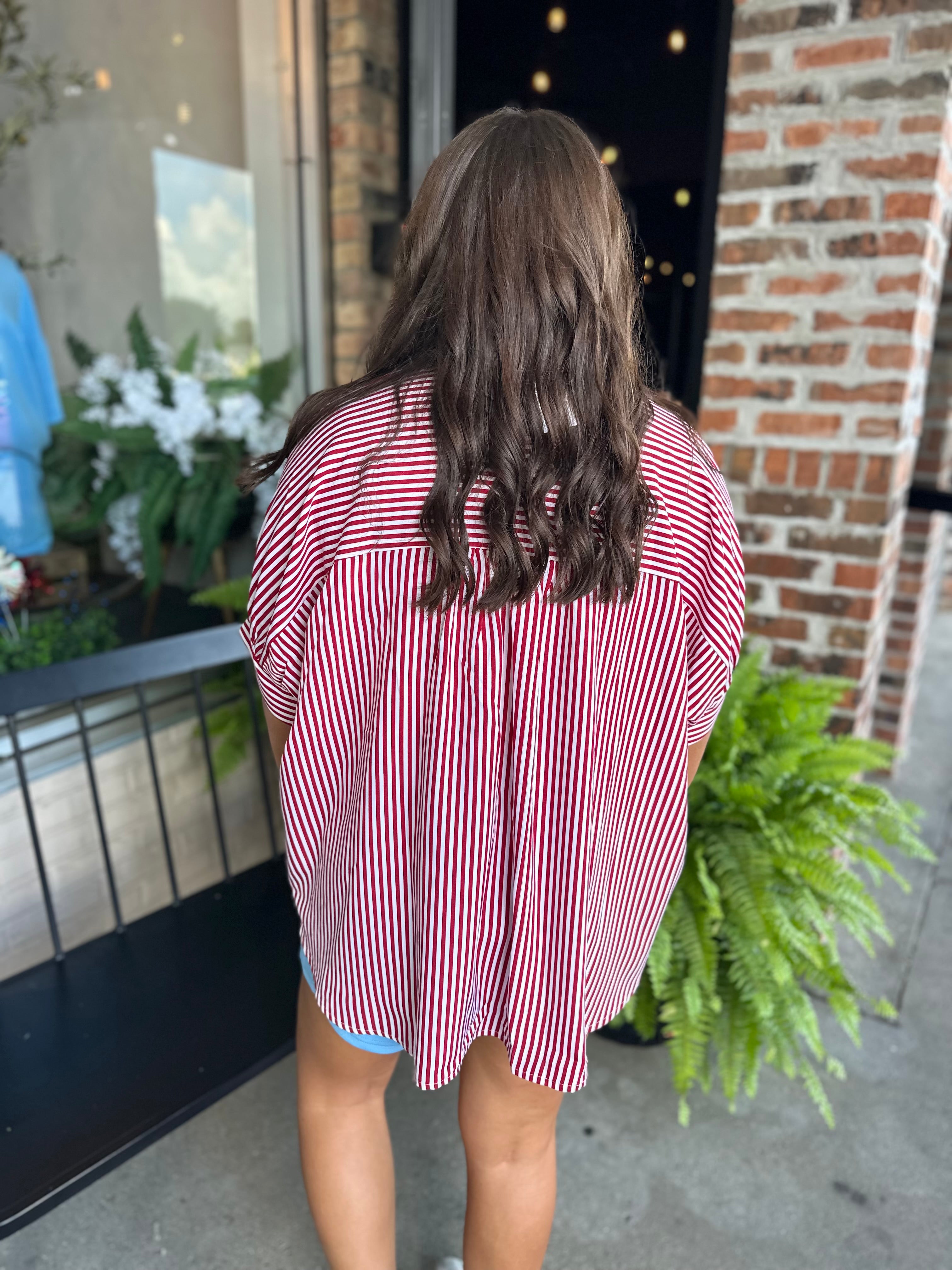 Red Oversized Short Sleeve Button Down