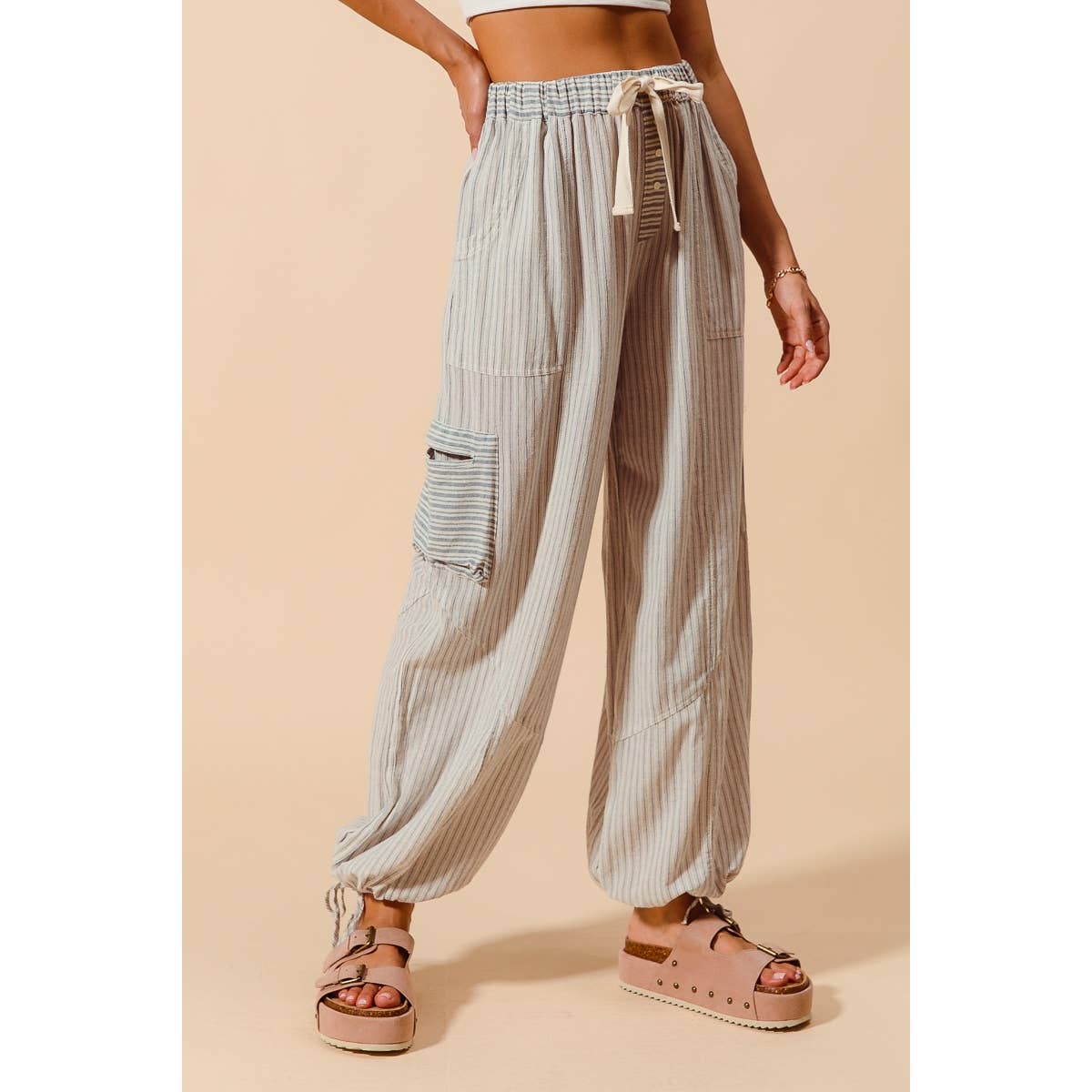 Denim Stripe Balloon Blocked Pants