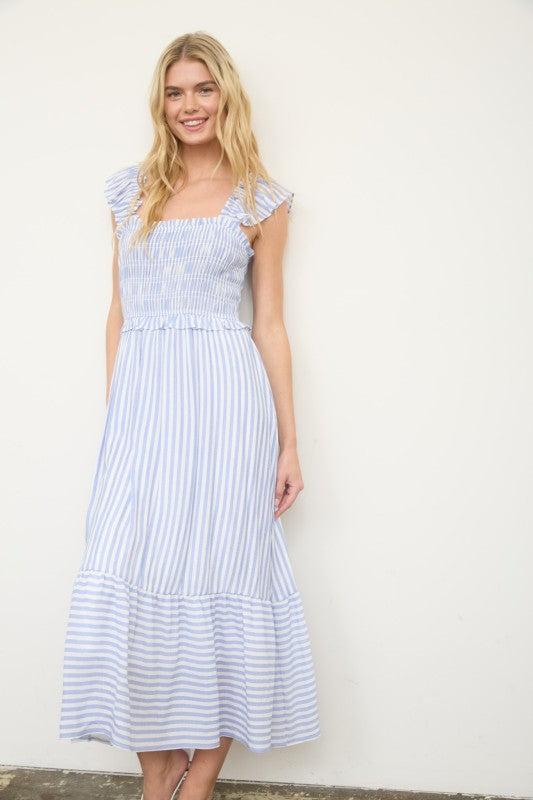 Blue Stripe Ruffle Trim Midi Dress - FINAL SALE