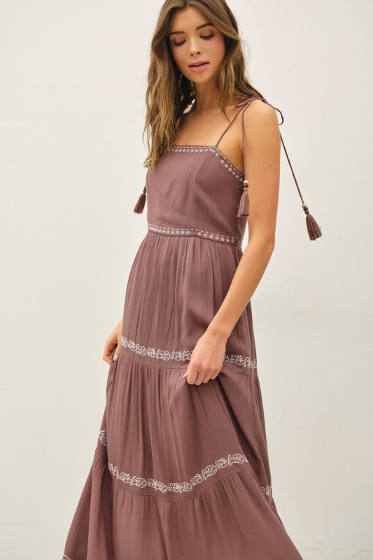 Brown Embroidered Tiered Dress