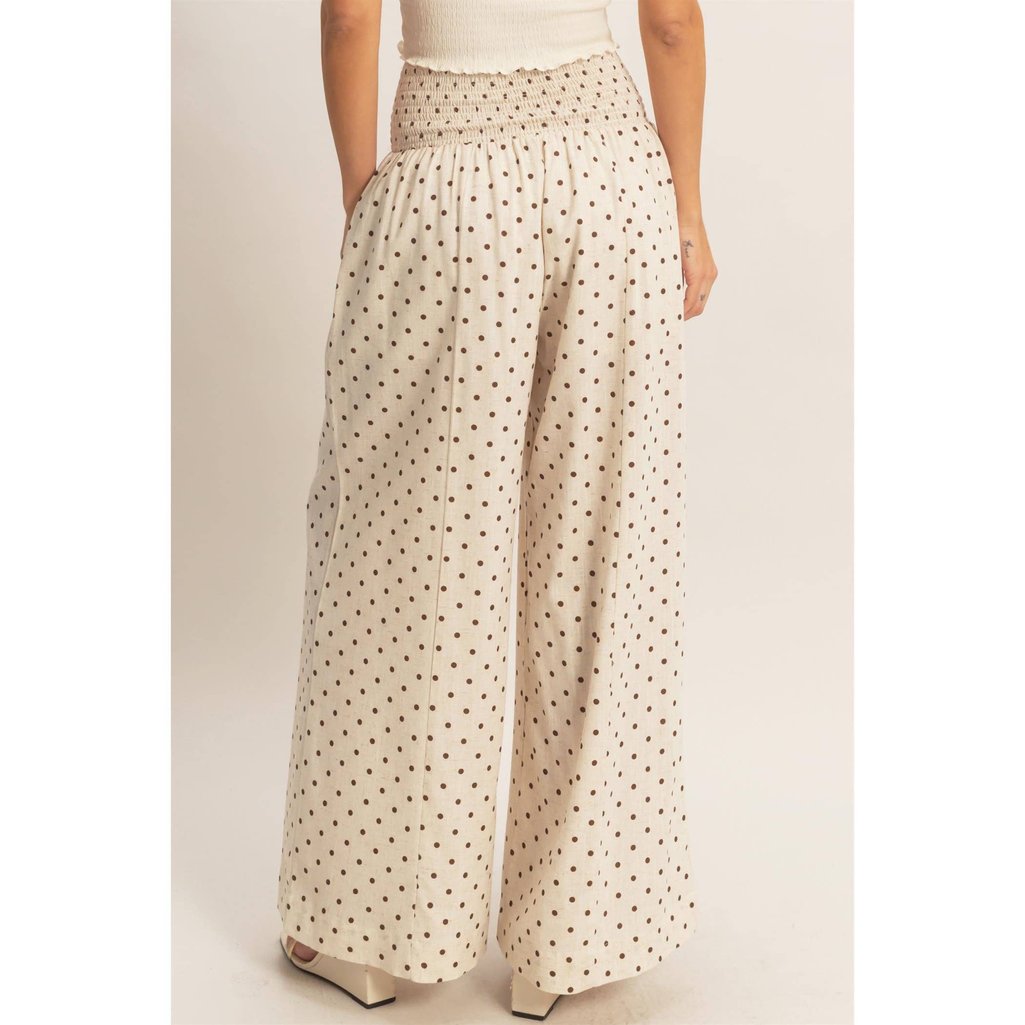 Oatmeal Polka Dot Elastic Wide-Leg Pants