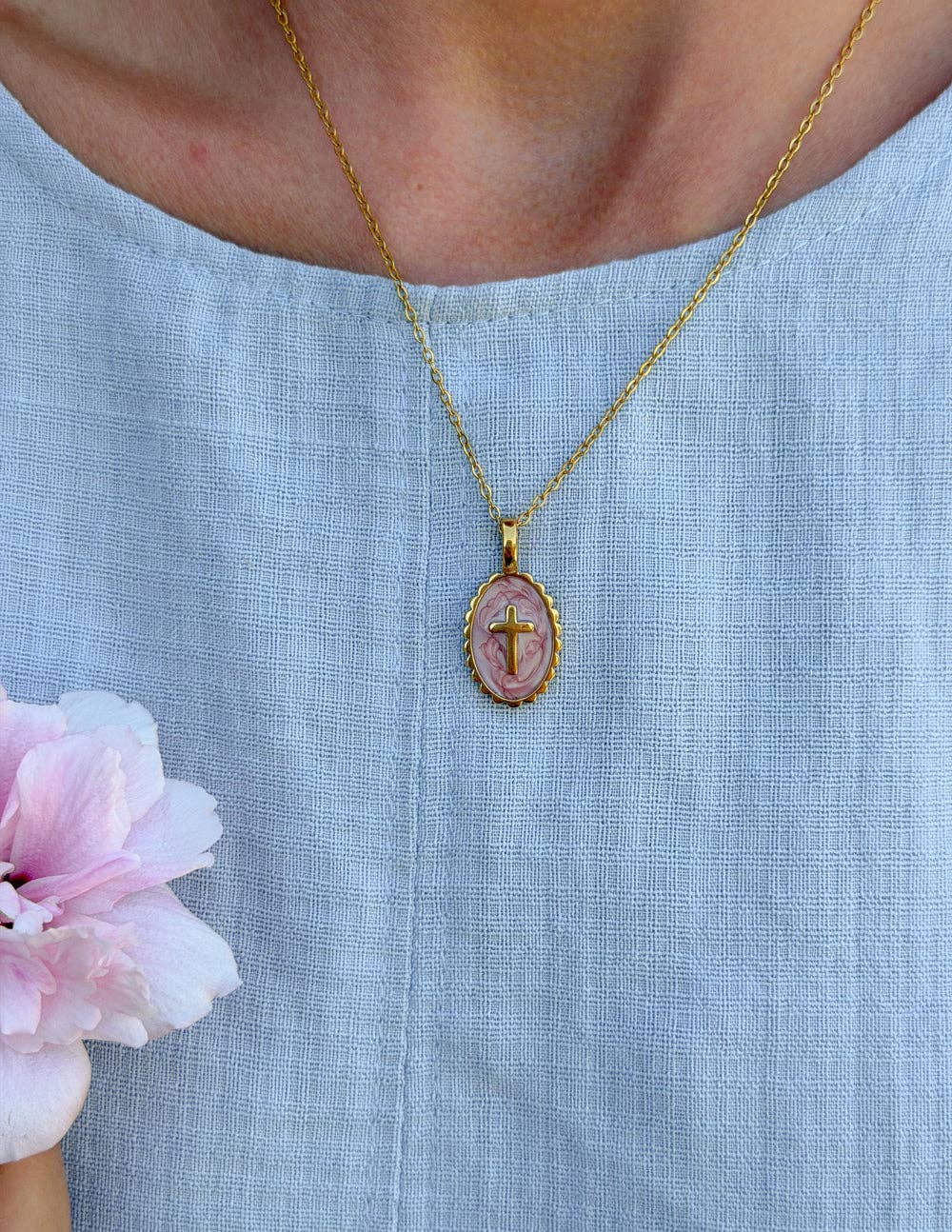 Vintage Rose Enamel Cross Link Necklace