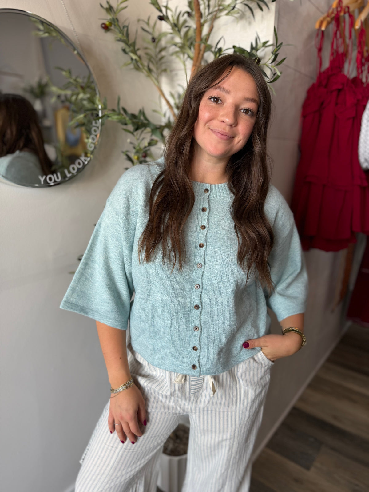 Seafoam Wide Sleeve Button Front Knit Cardigan