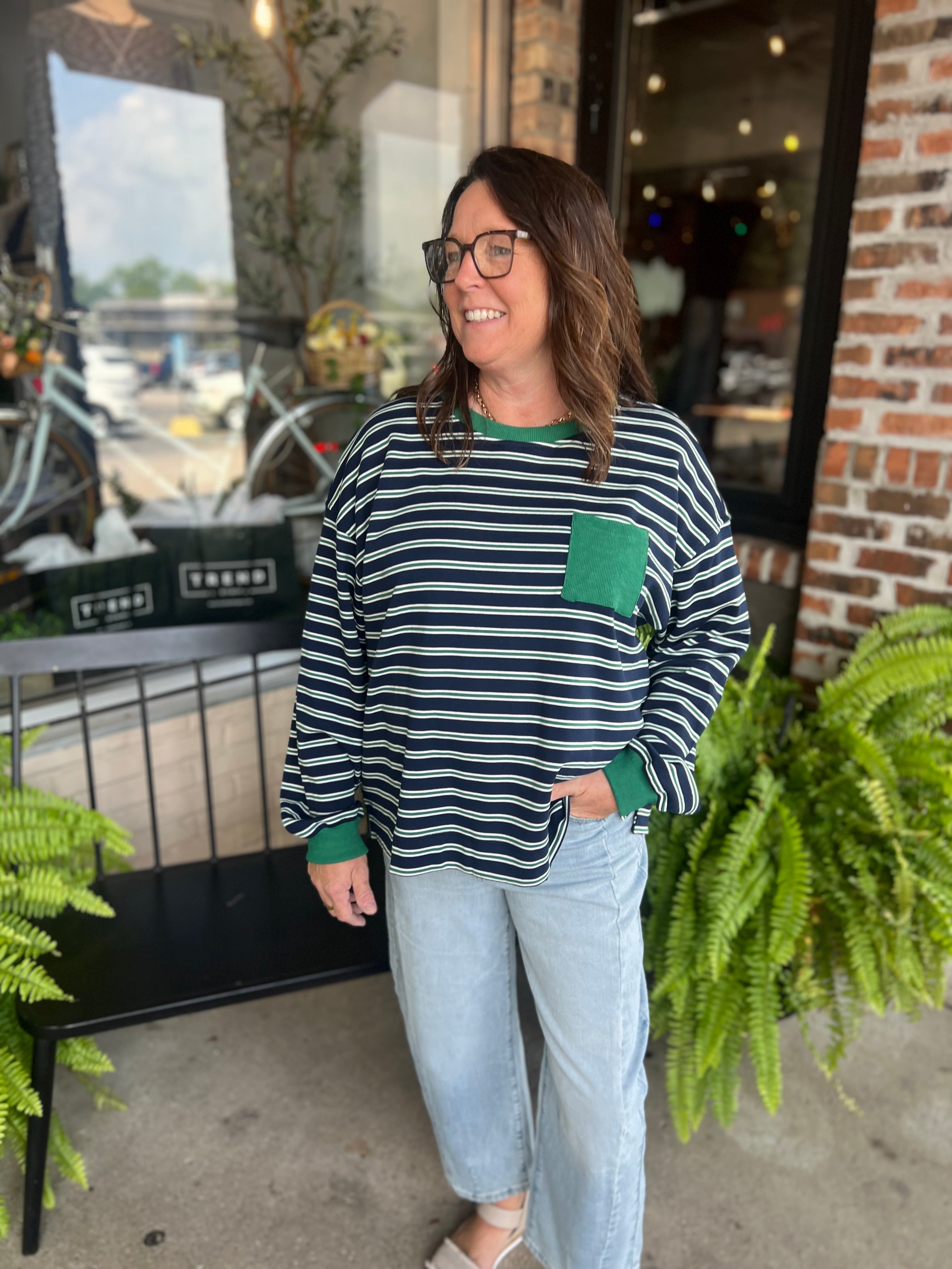 Green Striped Crew Neck Long Sleeve Top - FINAL SALE