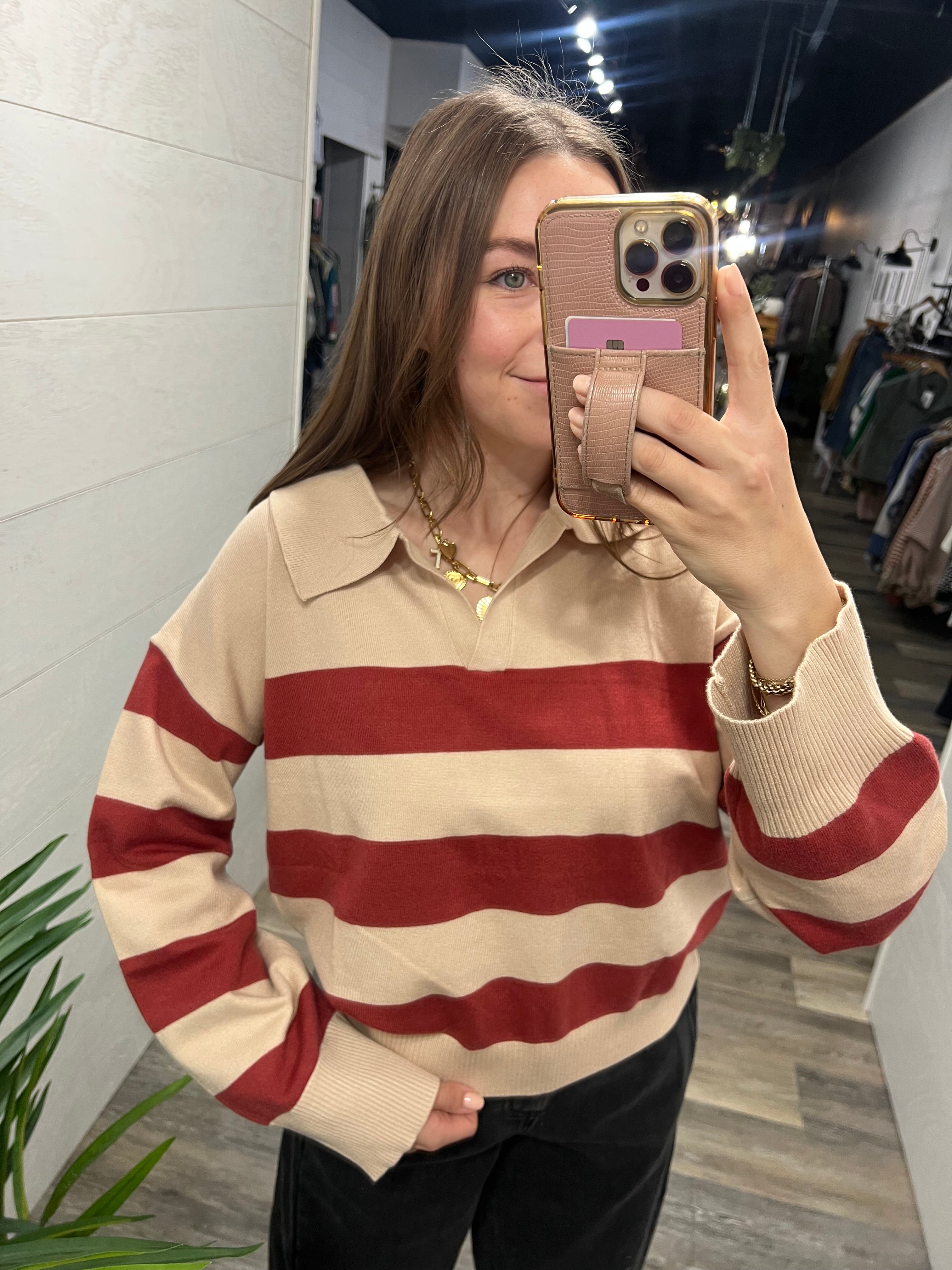 Marsala Wide Stripe Polo Sweater