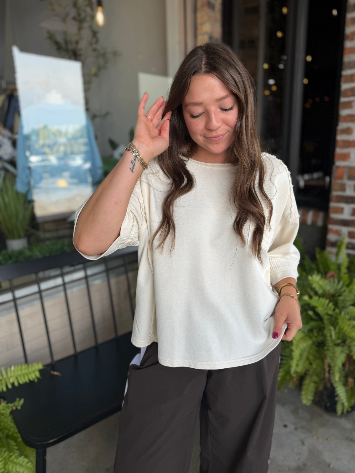 Cream Waffle Detail Washed Top