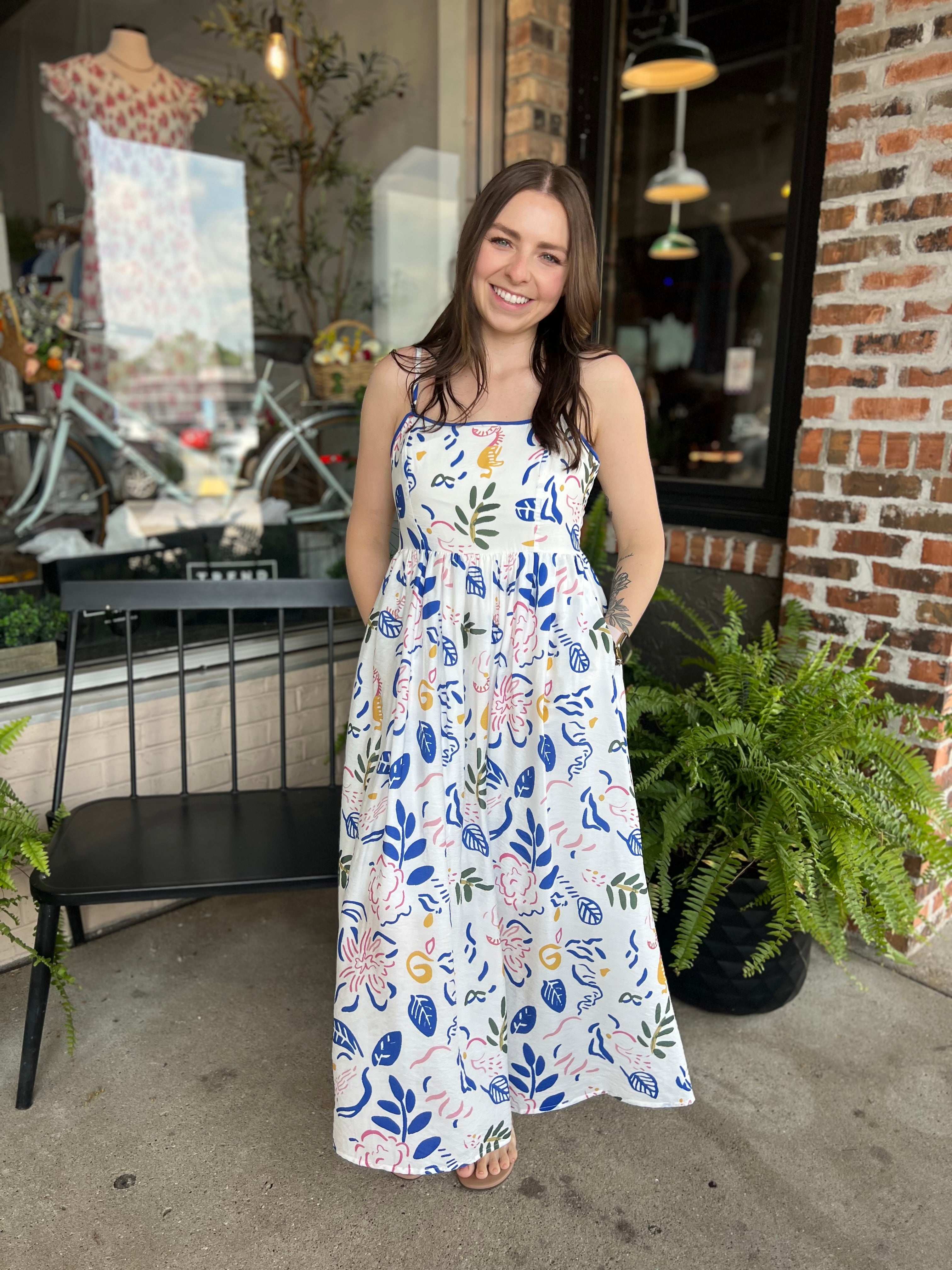 Blue Leaf Printed Midi Dress