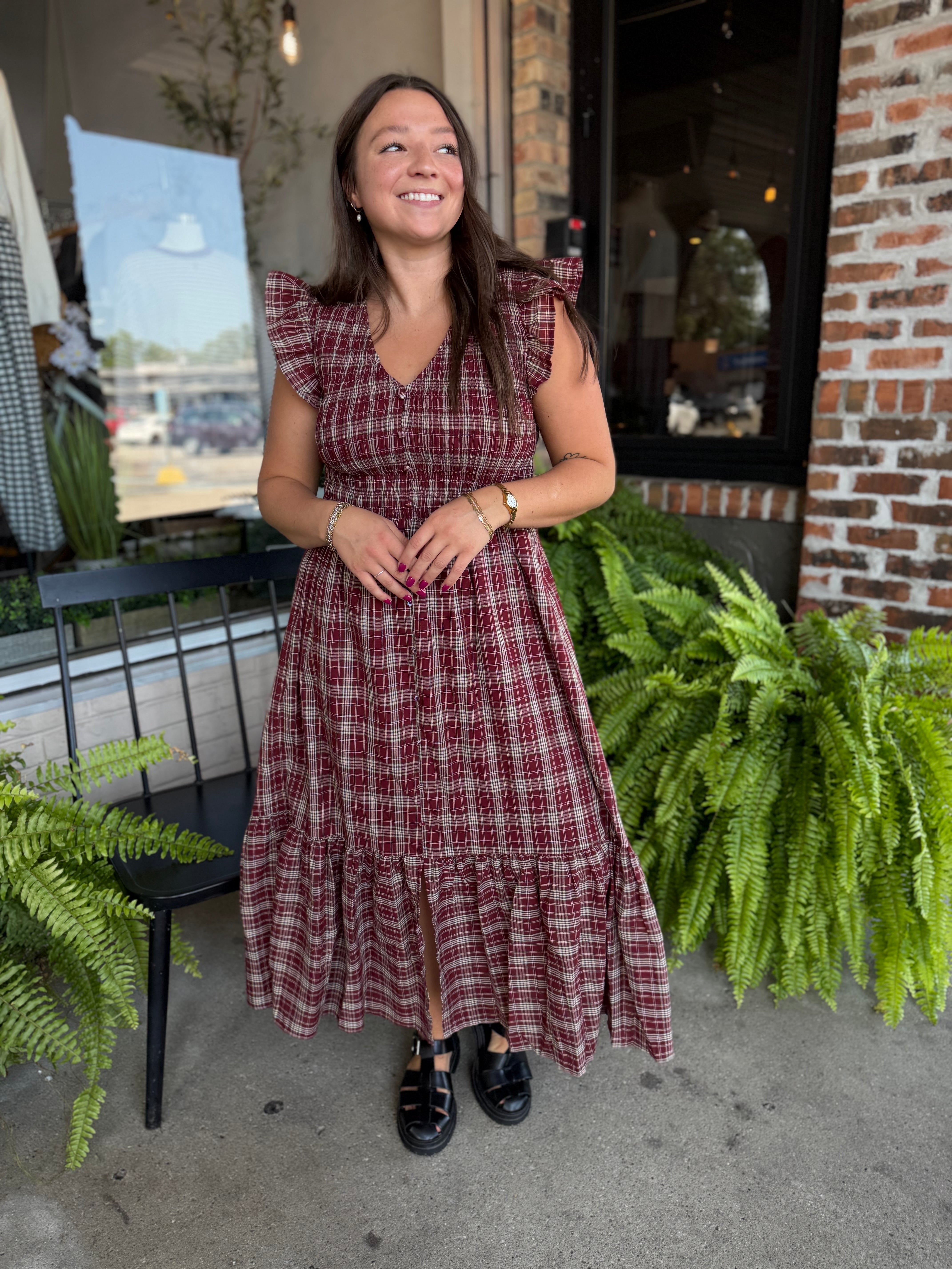 Burgundy Plaid Midi Dress