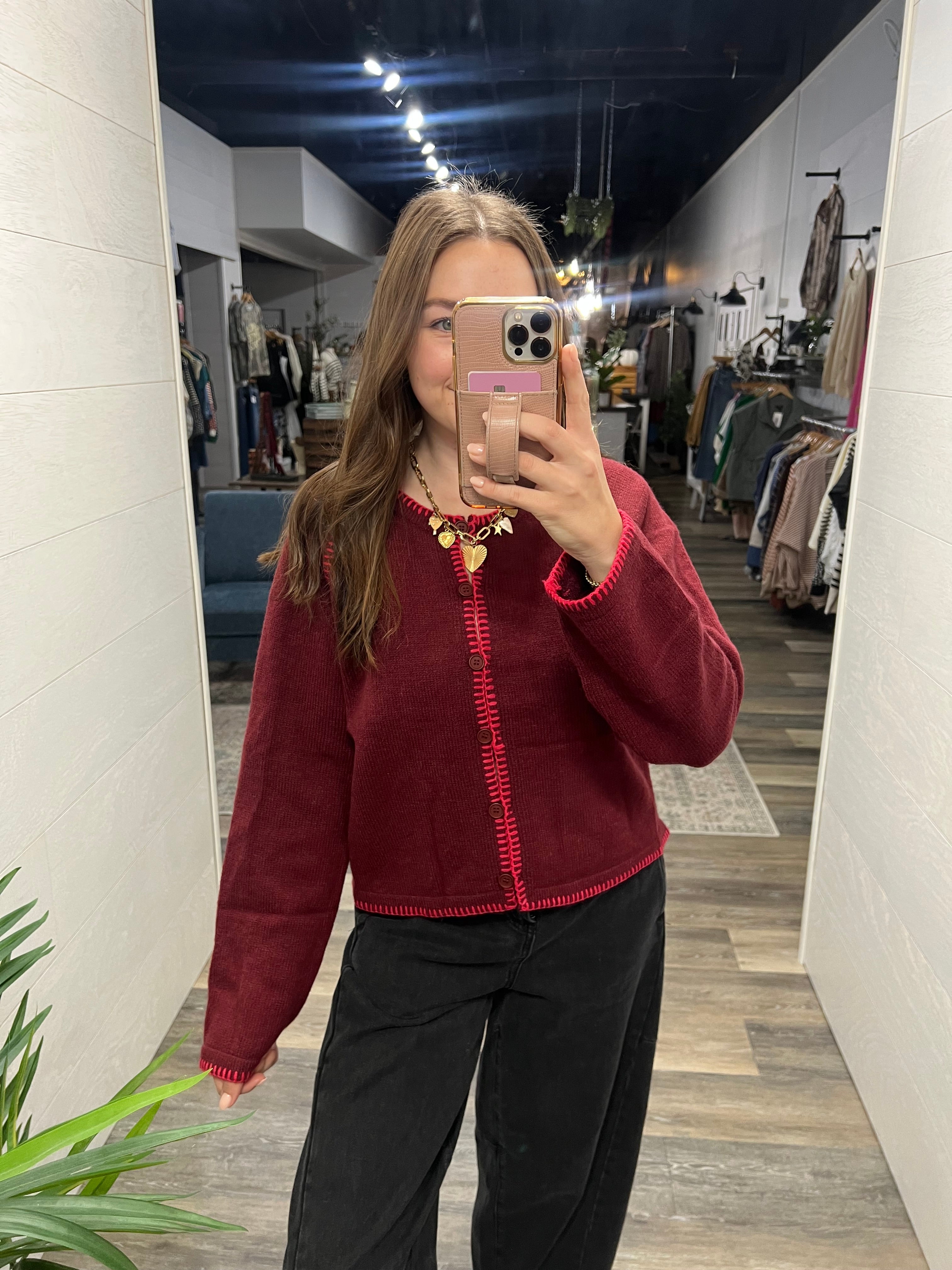 Red Contrast Stitch Sweater