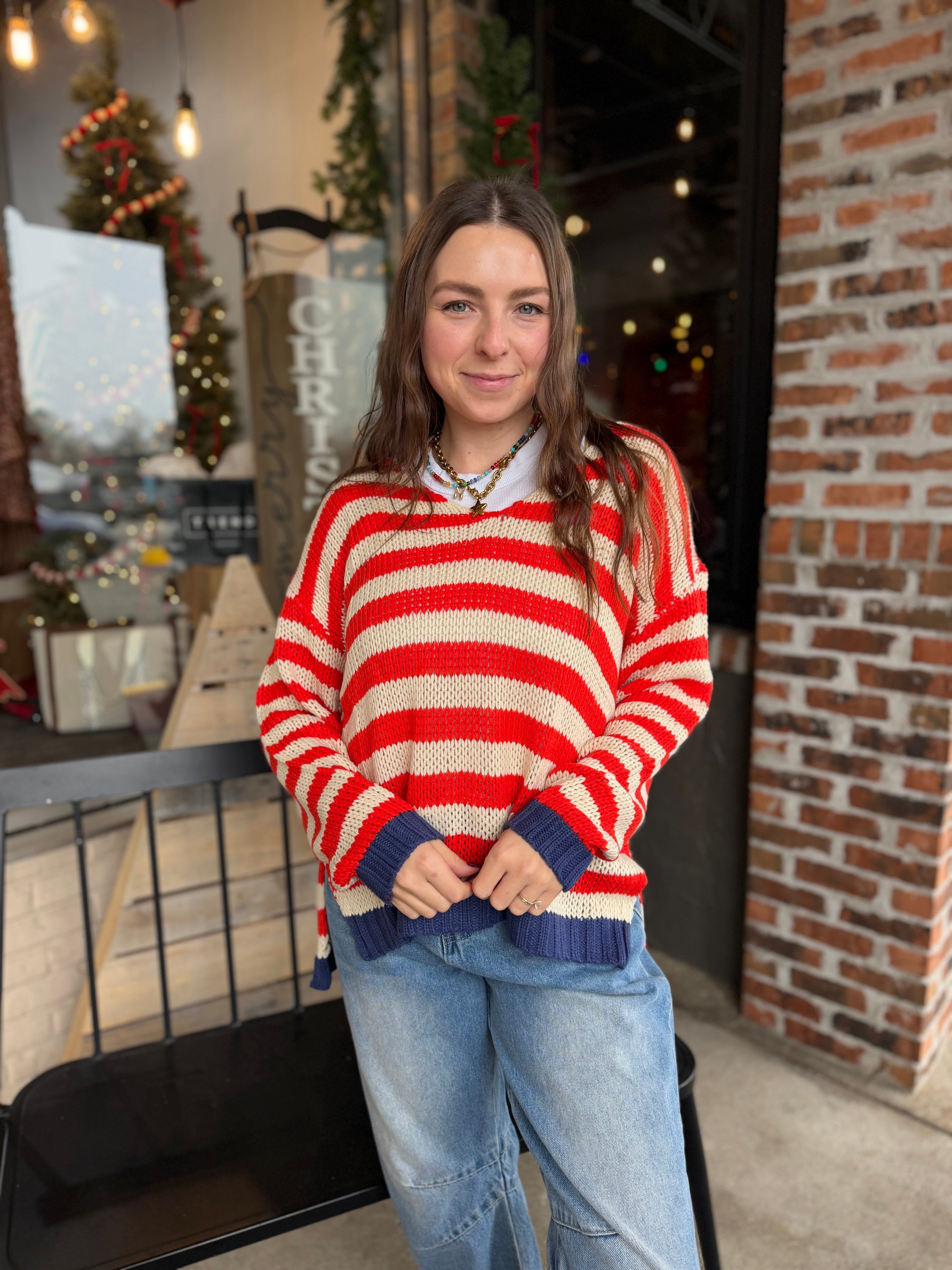 Red Striped V Neck Top
