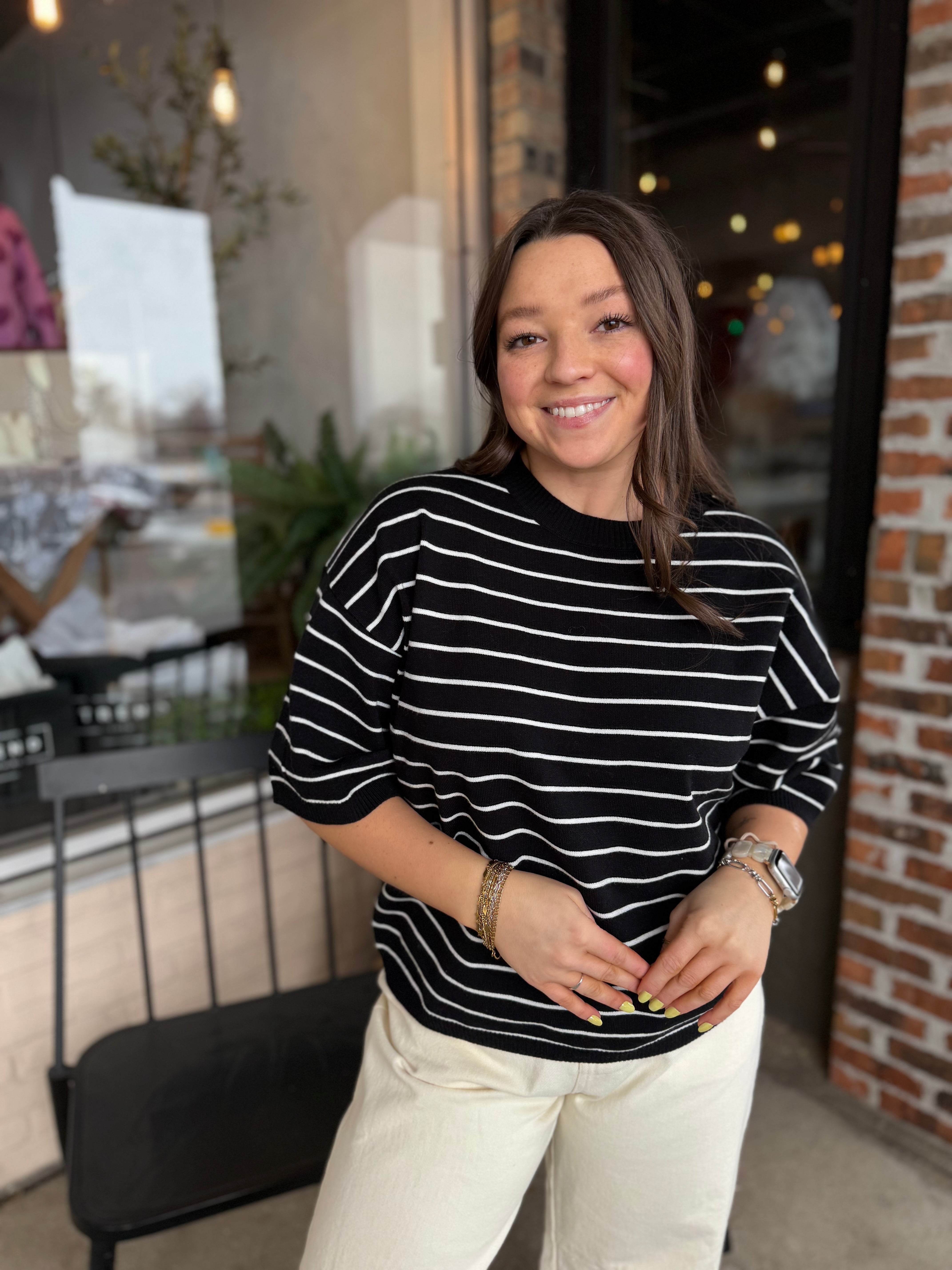 Black Striped Knit Short Sleeve Top