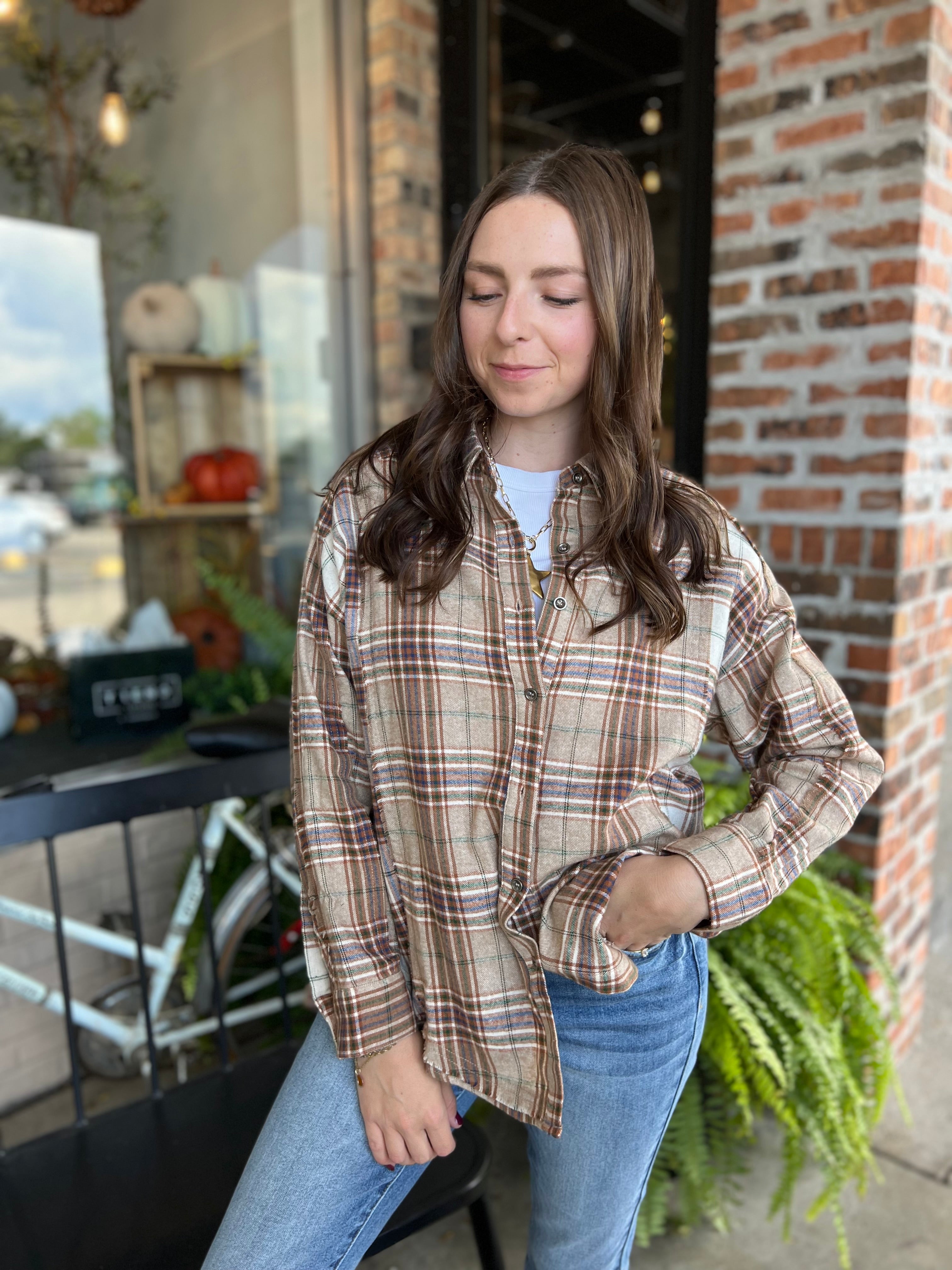 Taupe Contrast Plaid Detail Shirt