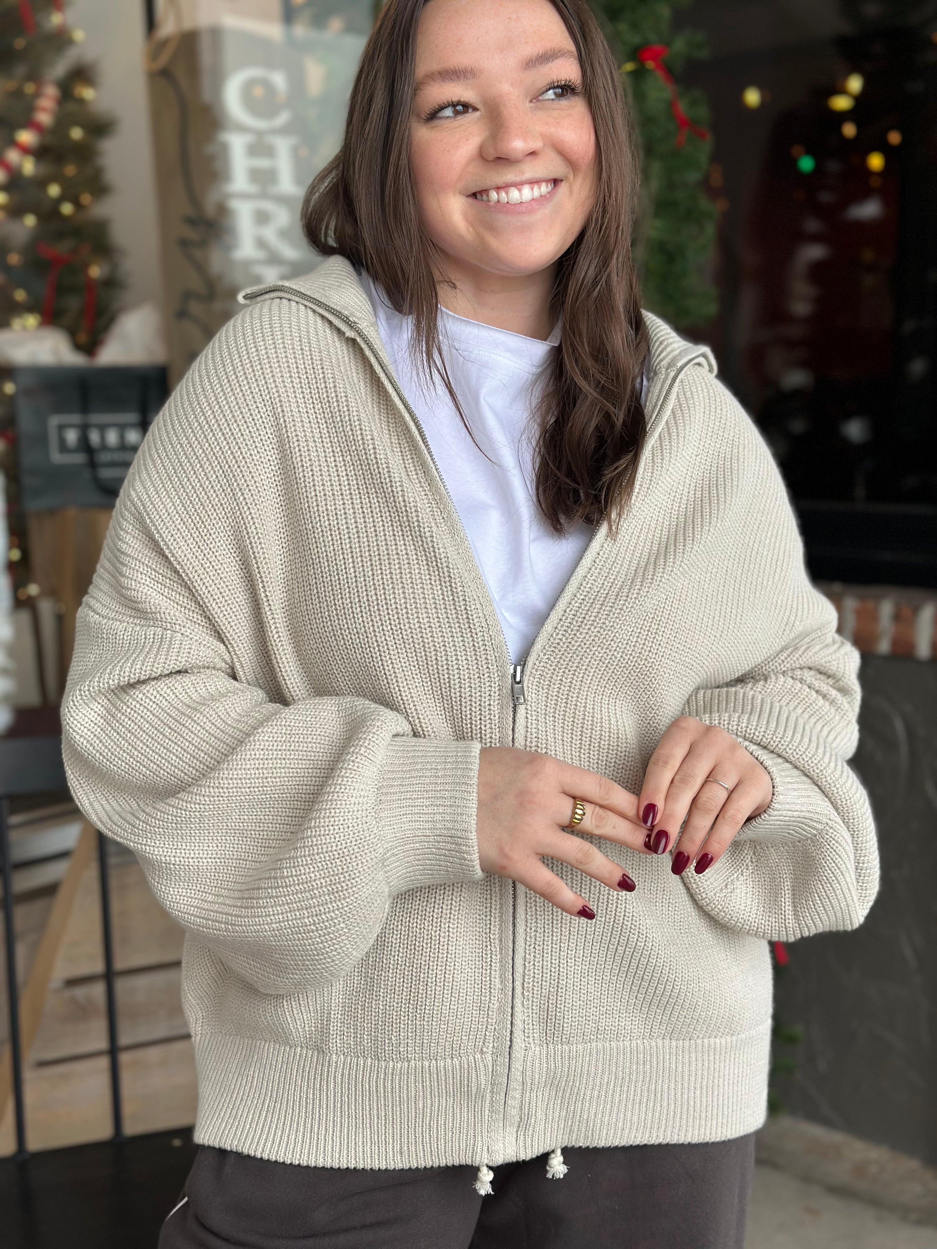 Taupe Zip Up Sweater Cardigan