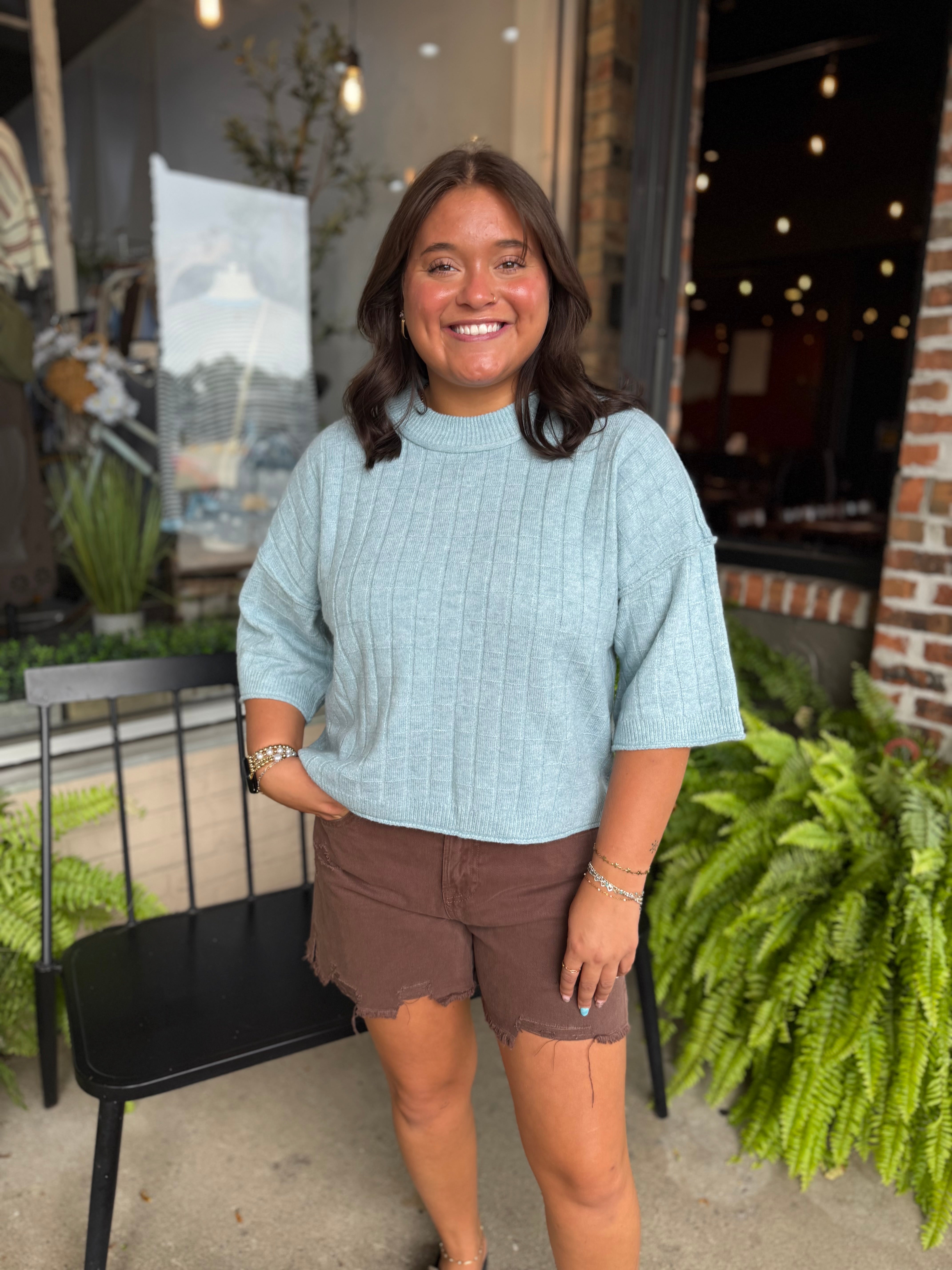 Blue Ribbed Knit Sweater