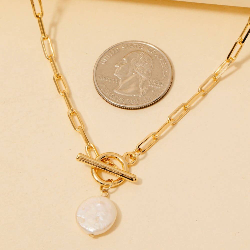 Toggle Chain Link Disc Pearl Charm Necklace