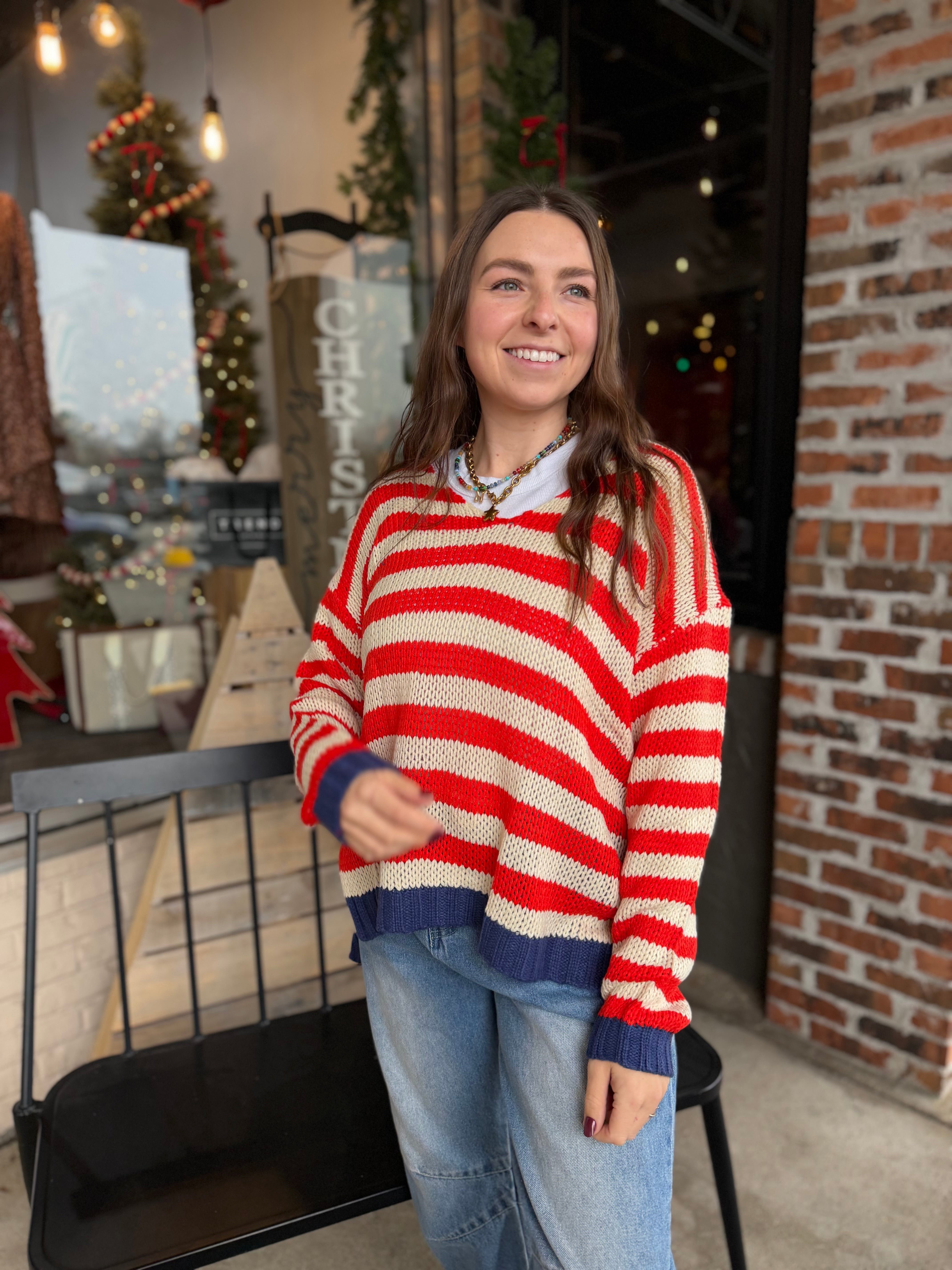 Red Striped V Neck Top