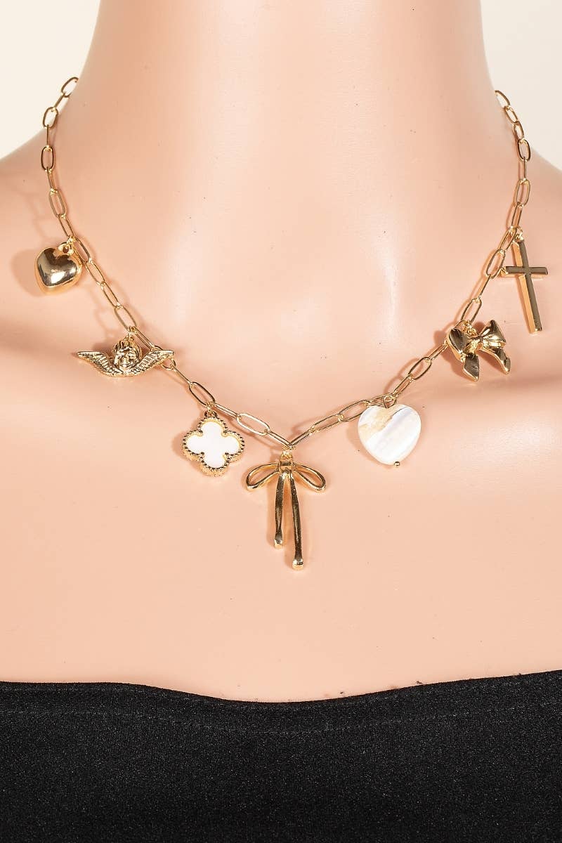 Heart Cross Angel Ribbon And Angel Charms Chain Necklace