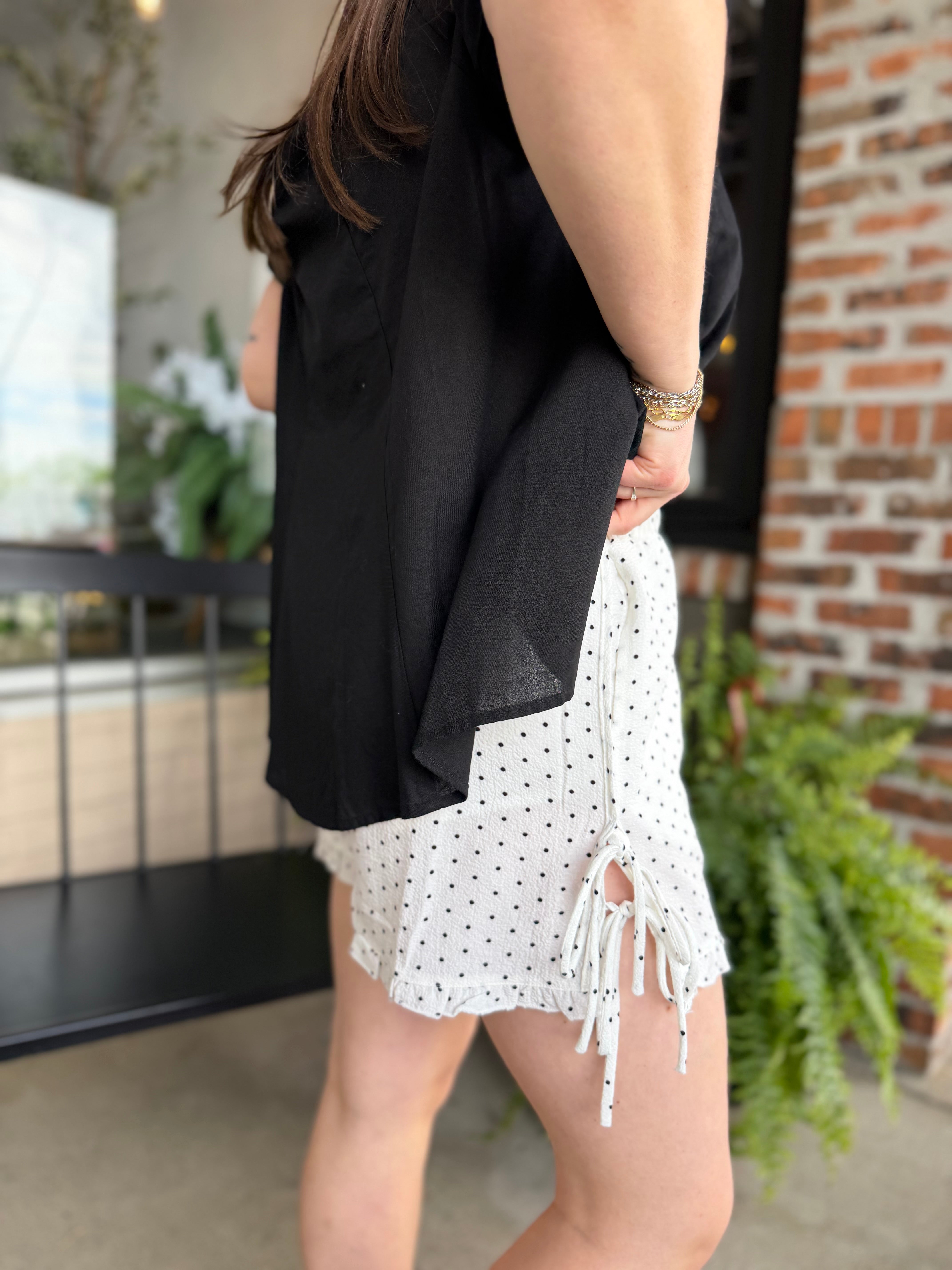 Black Polka Dot Ruffle Hem Tie-Side Shorts
