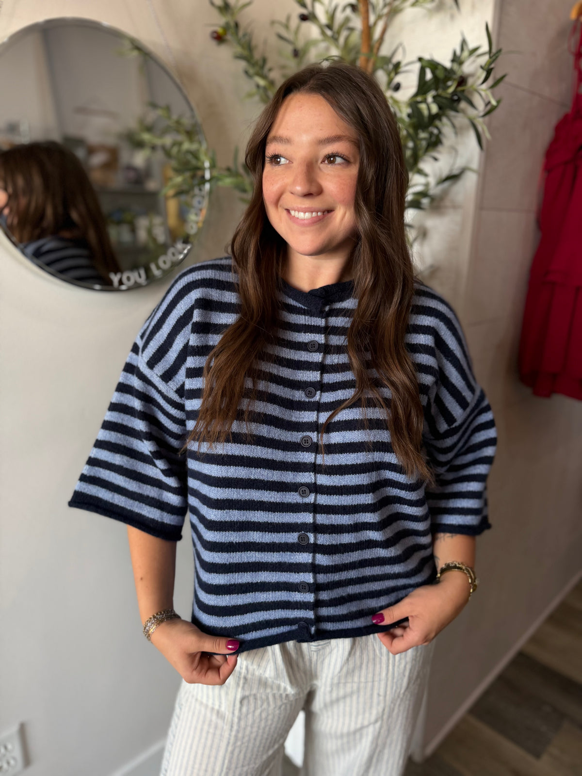 Navy Striped Quarter Sleeve Cardigan