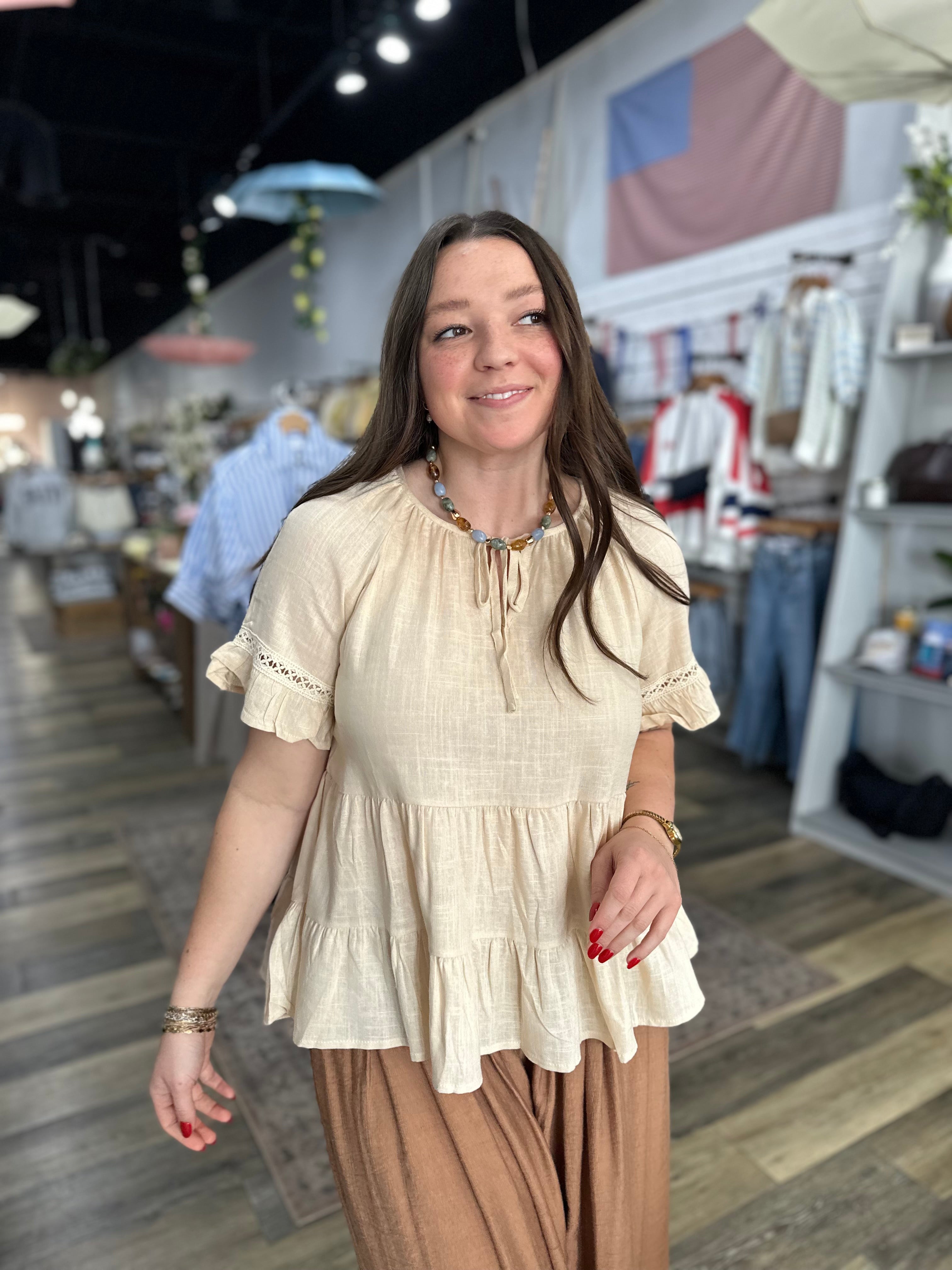 Natural Crochet Trim Tiered Tie Front Top