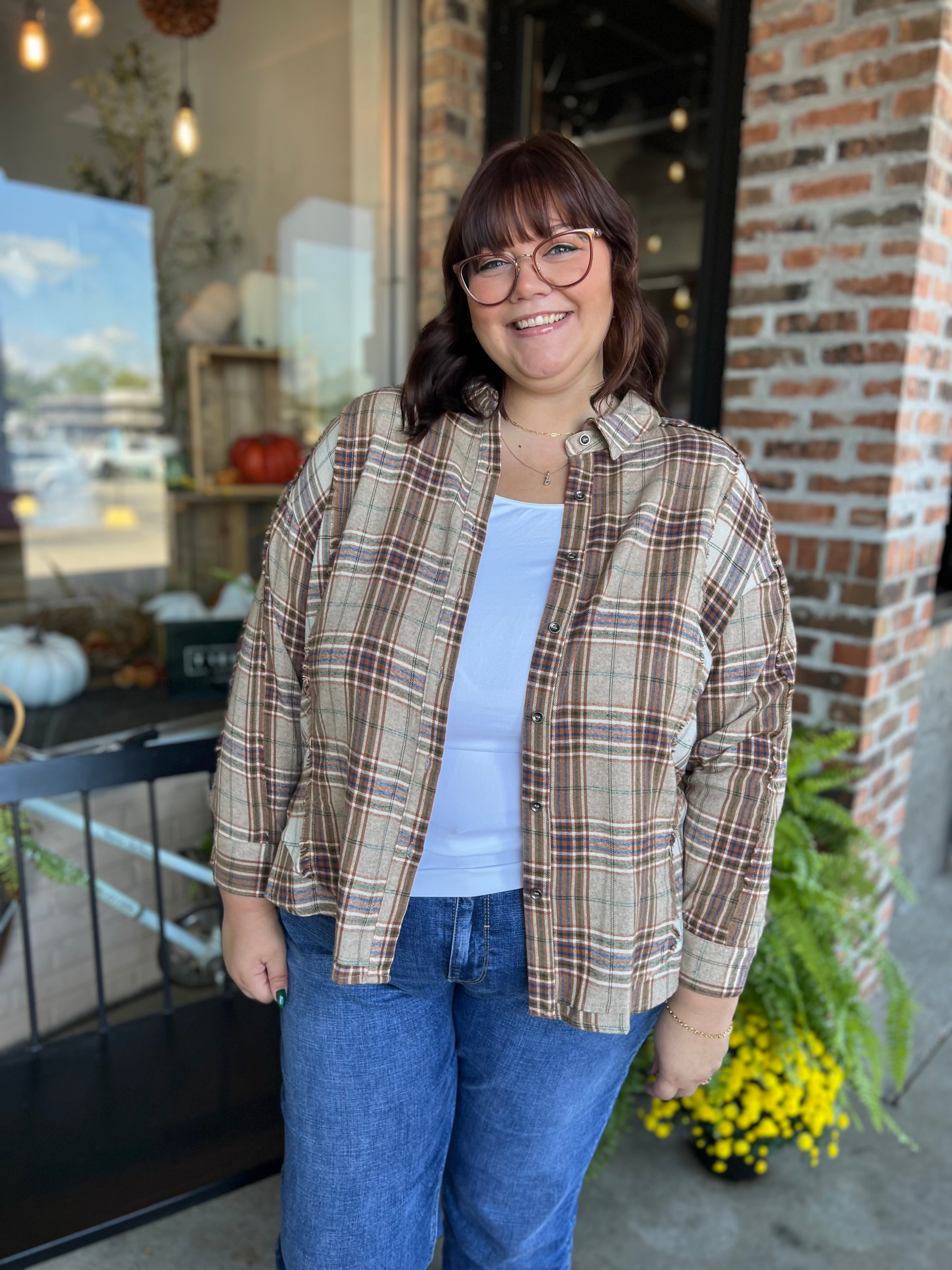 Plus Taupe Contrast Plaid Detail Shirt