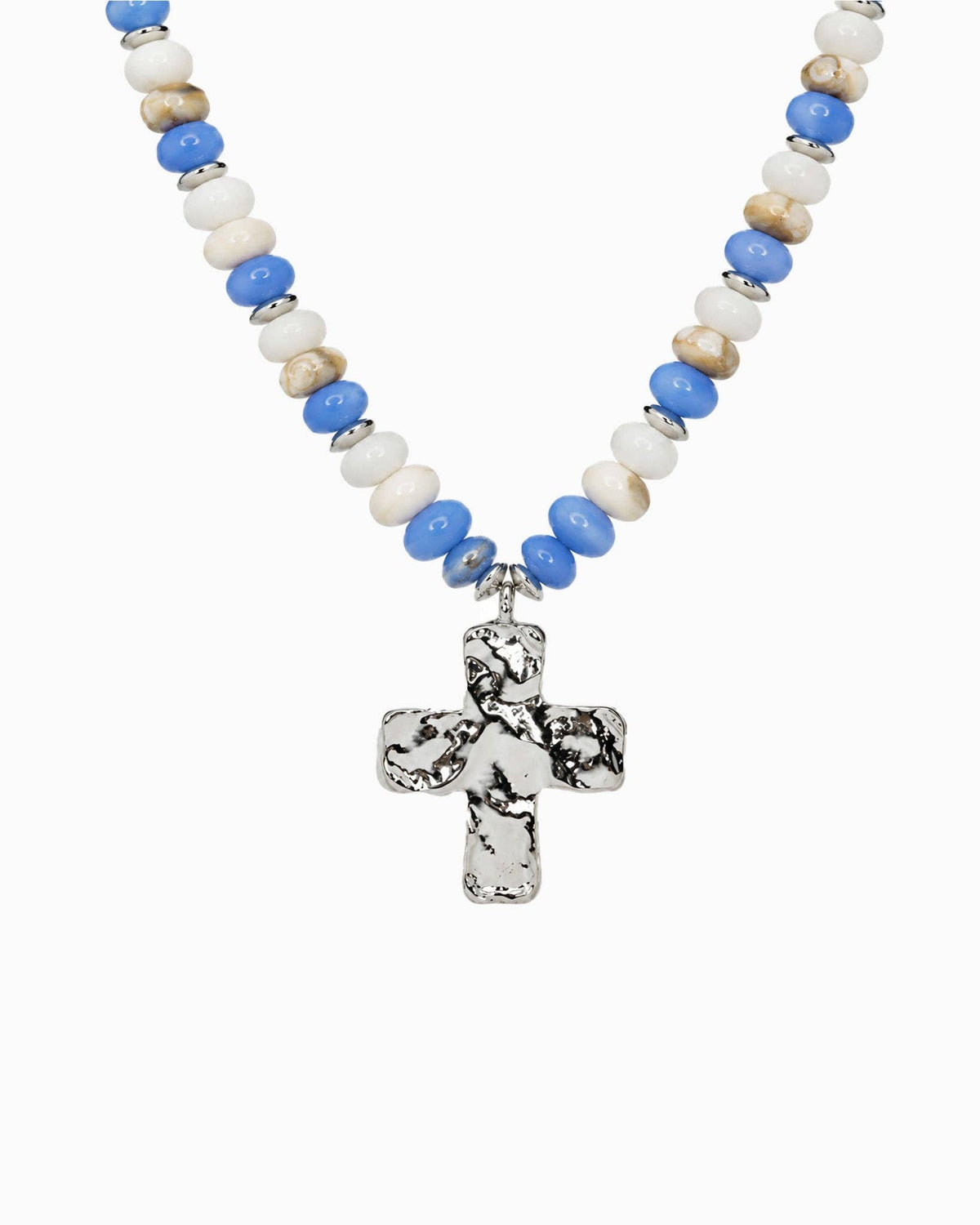 Hammered Cross Beaded Necklace: Brown