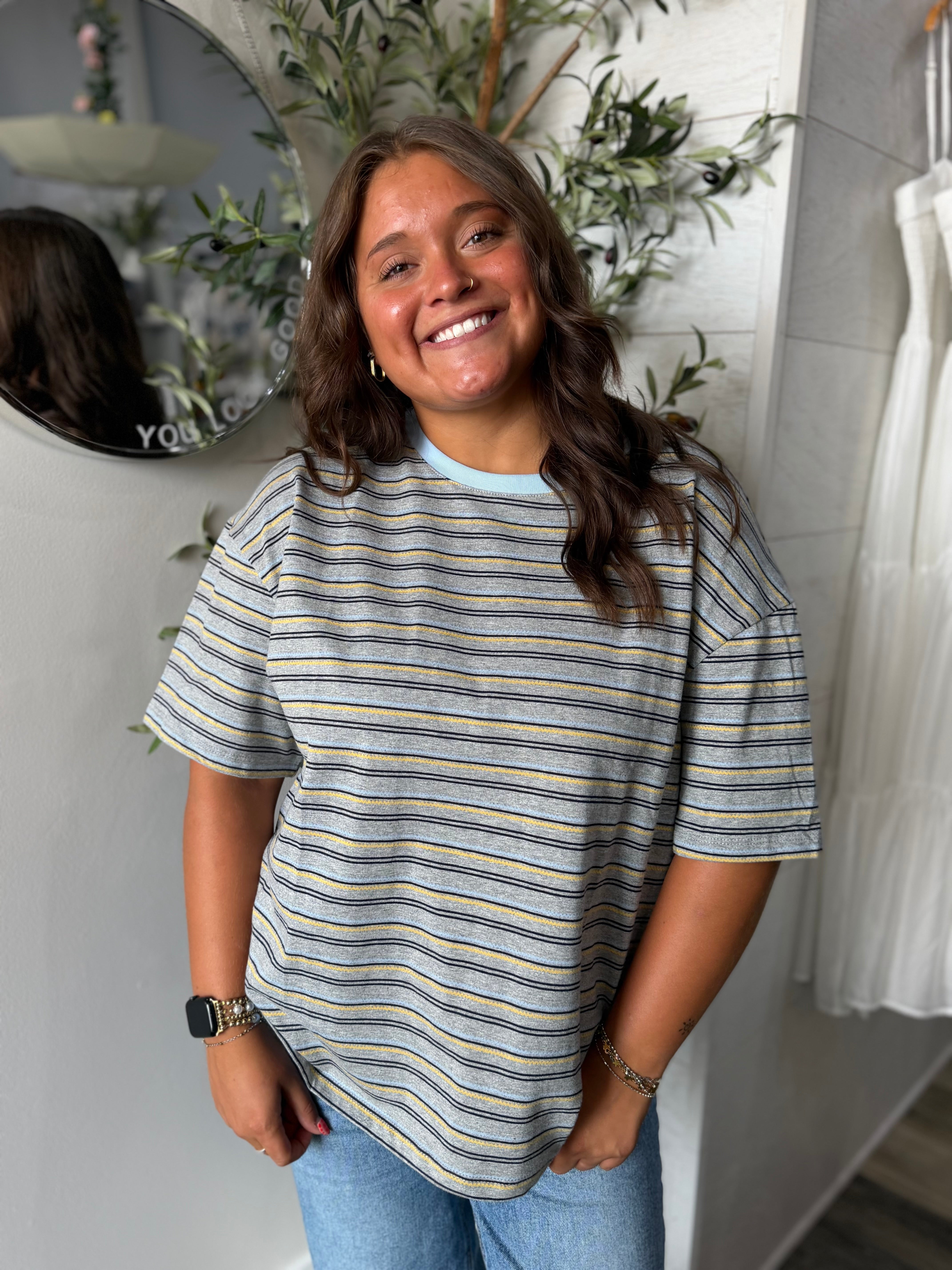 Grey Multi Stripe Short Sleeve Top