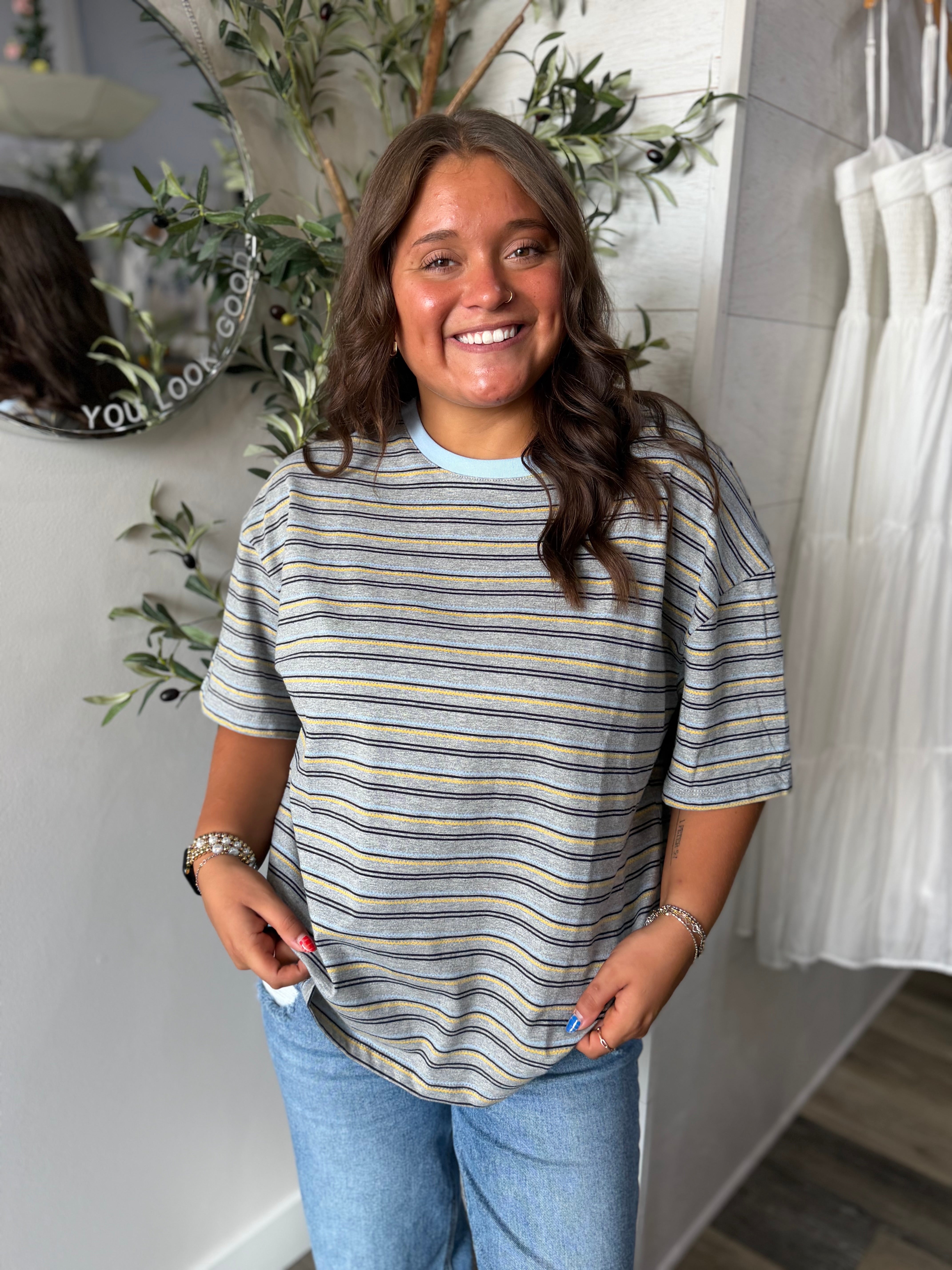 Grey Multi Stripe Short Sleeve Top