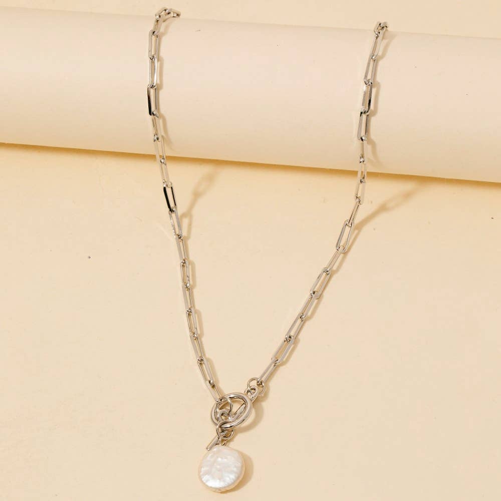 Toggle Chain Link Disc Pearl Charm Necklace
