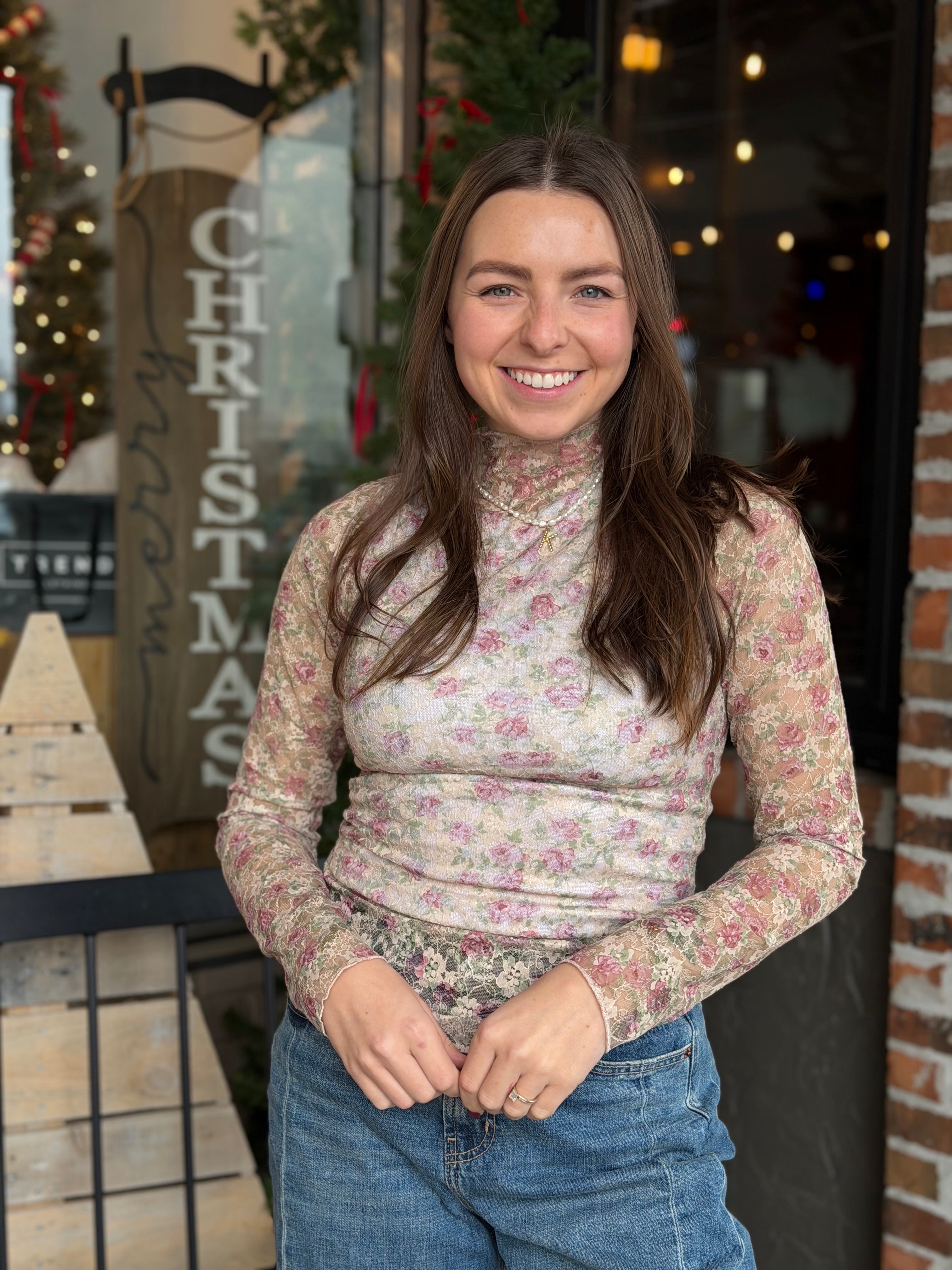 Beige Floral Sheer Mesh Lace Knit Top - FINAL SALE