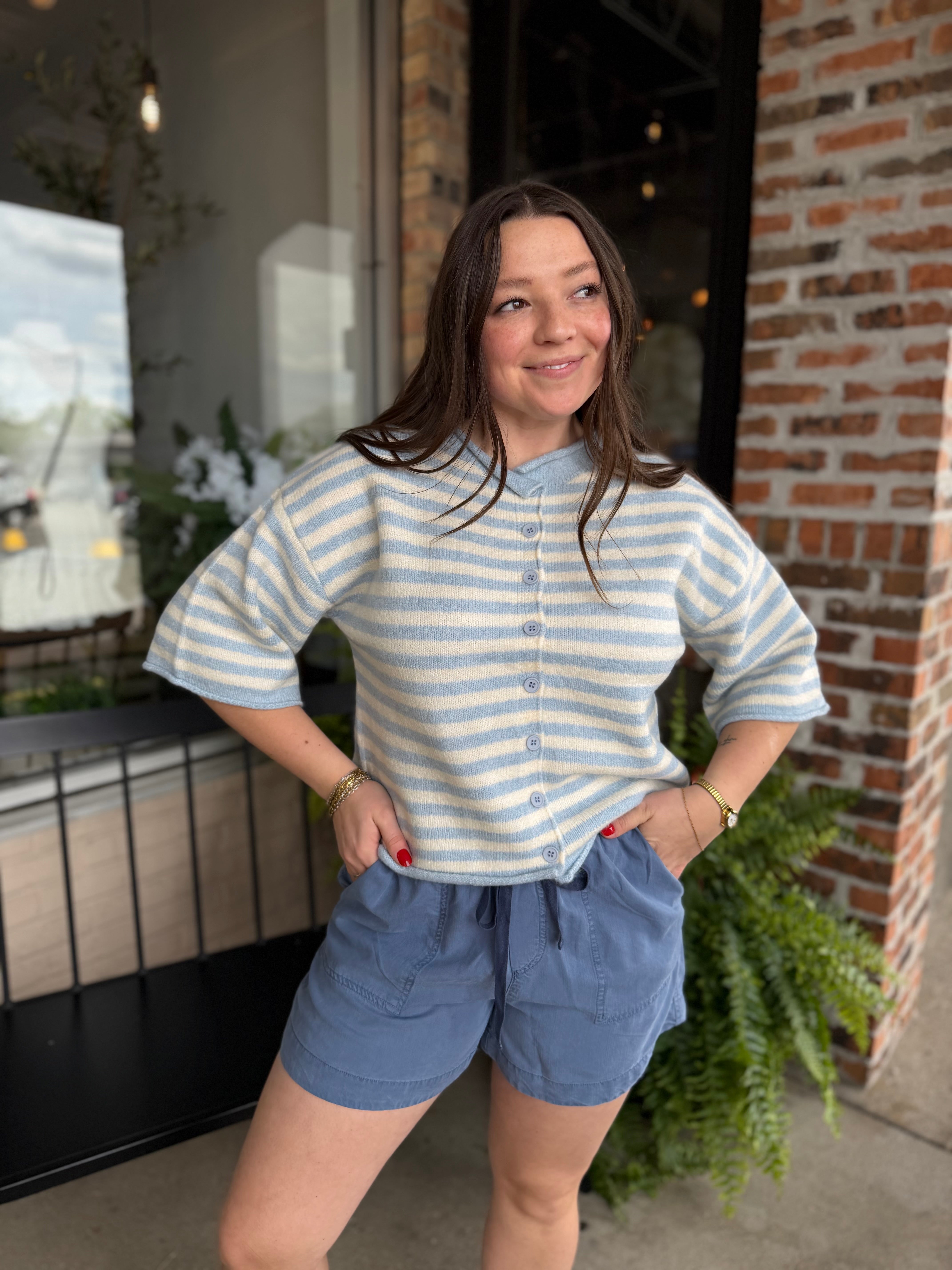 Blue Striped Quarter Sleeve Cardigan