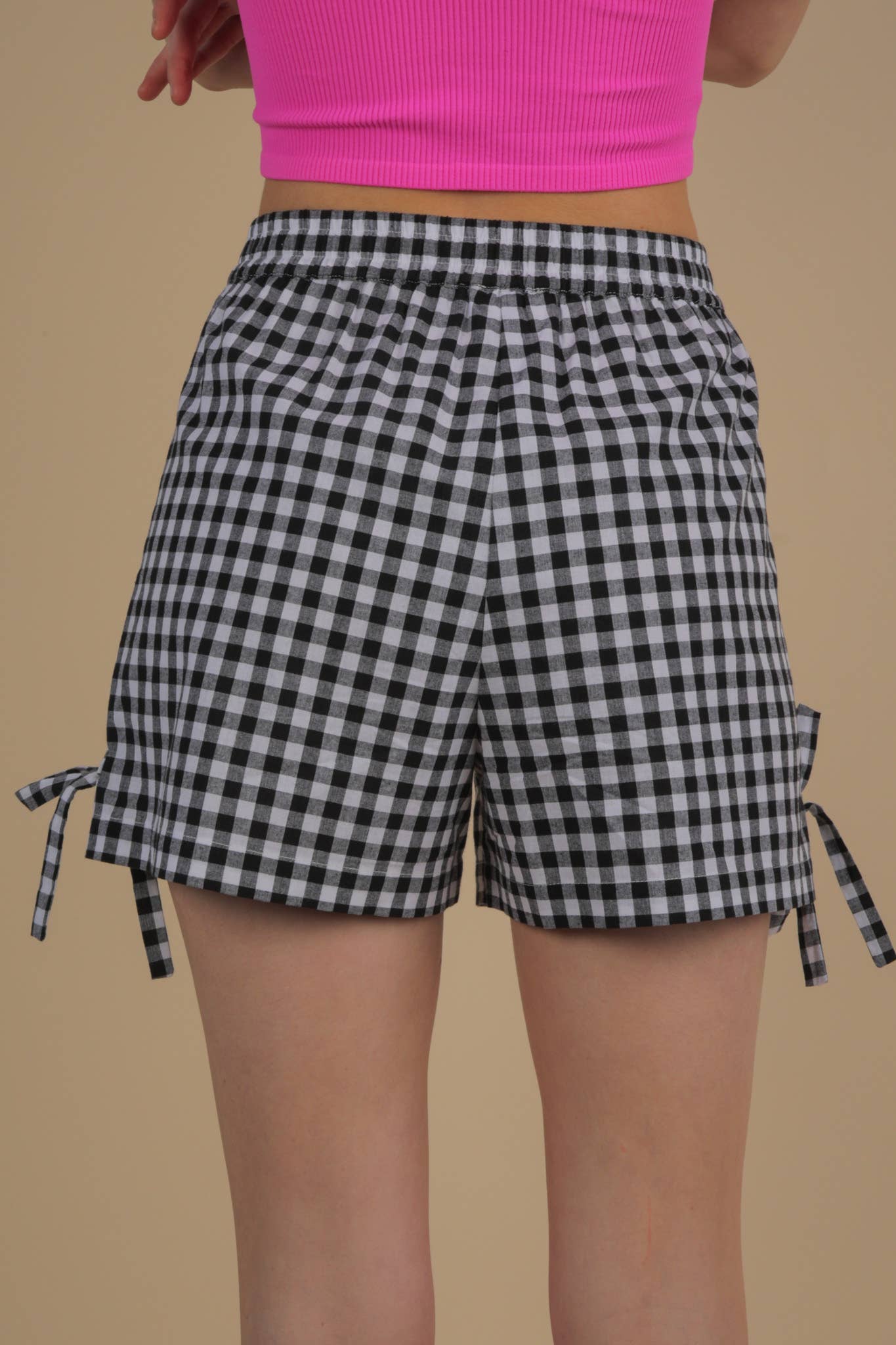 Black Side Bow Detail Checkered Shorts - FINAL SALE