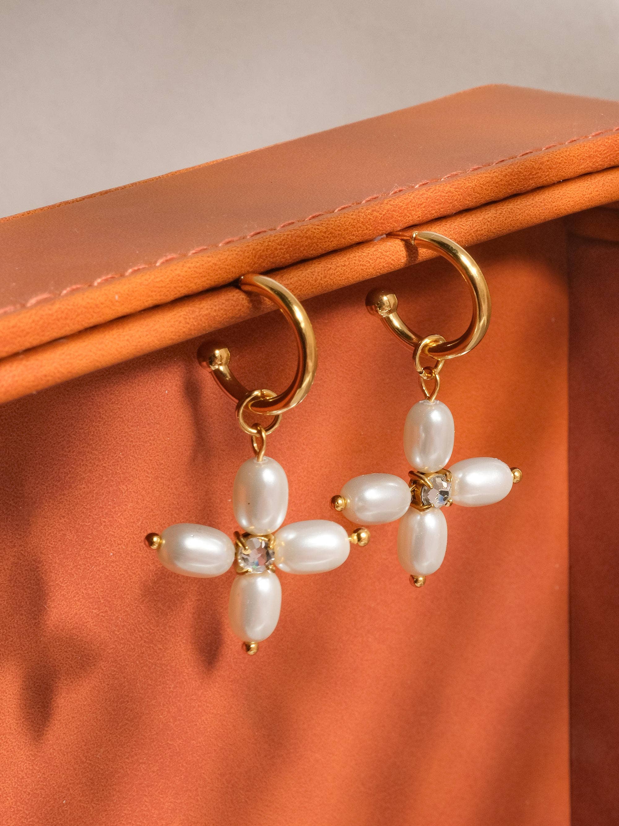 18K Gold Non-Tarnish Pearl Cross Earring